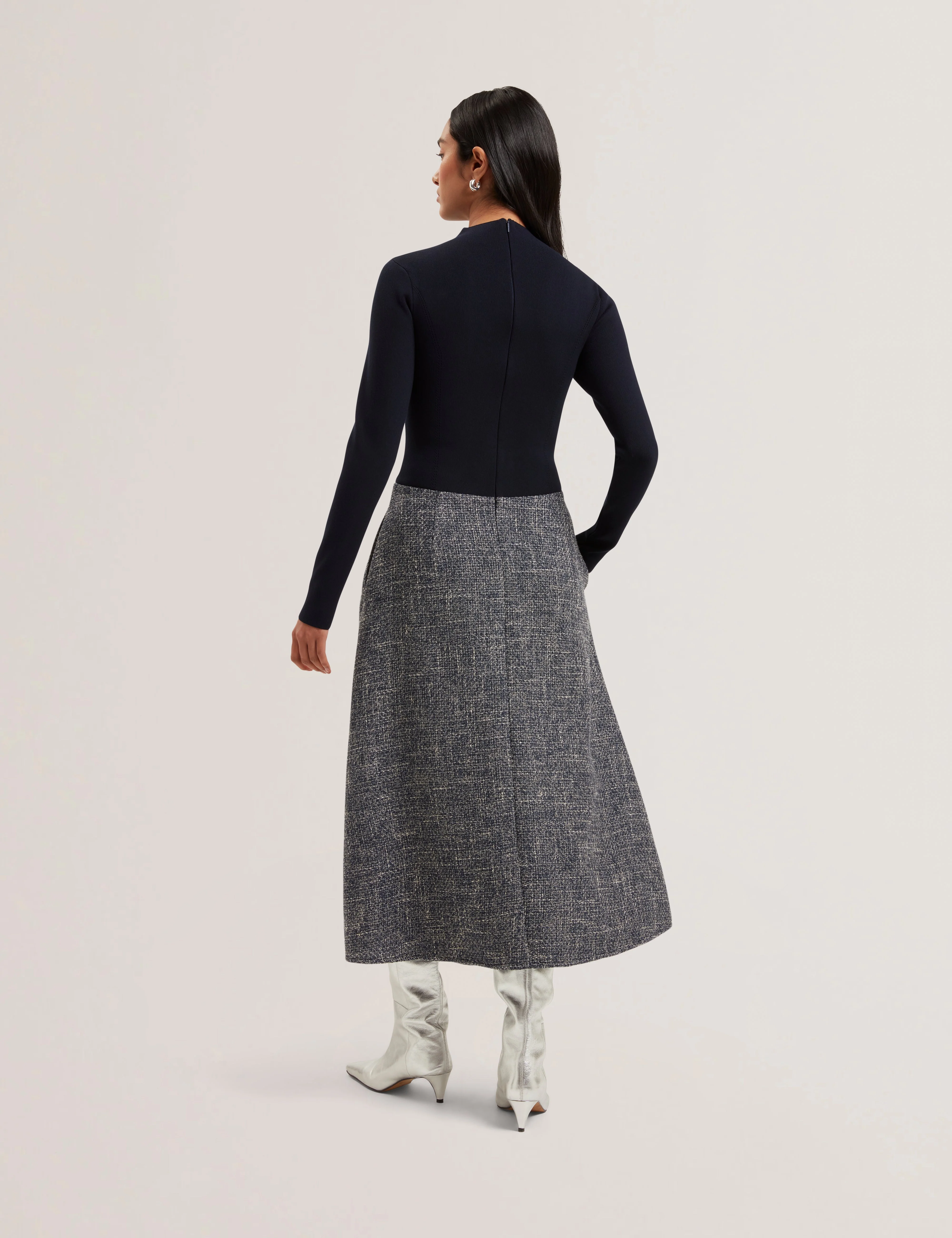 Abieb Polo-Neck Knit Bodice Midi Boucle Dress Navy - Image 3