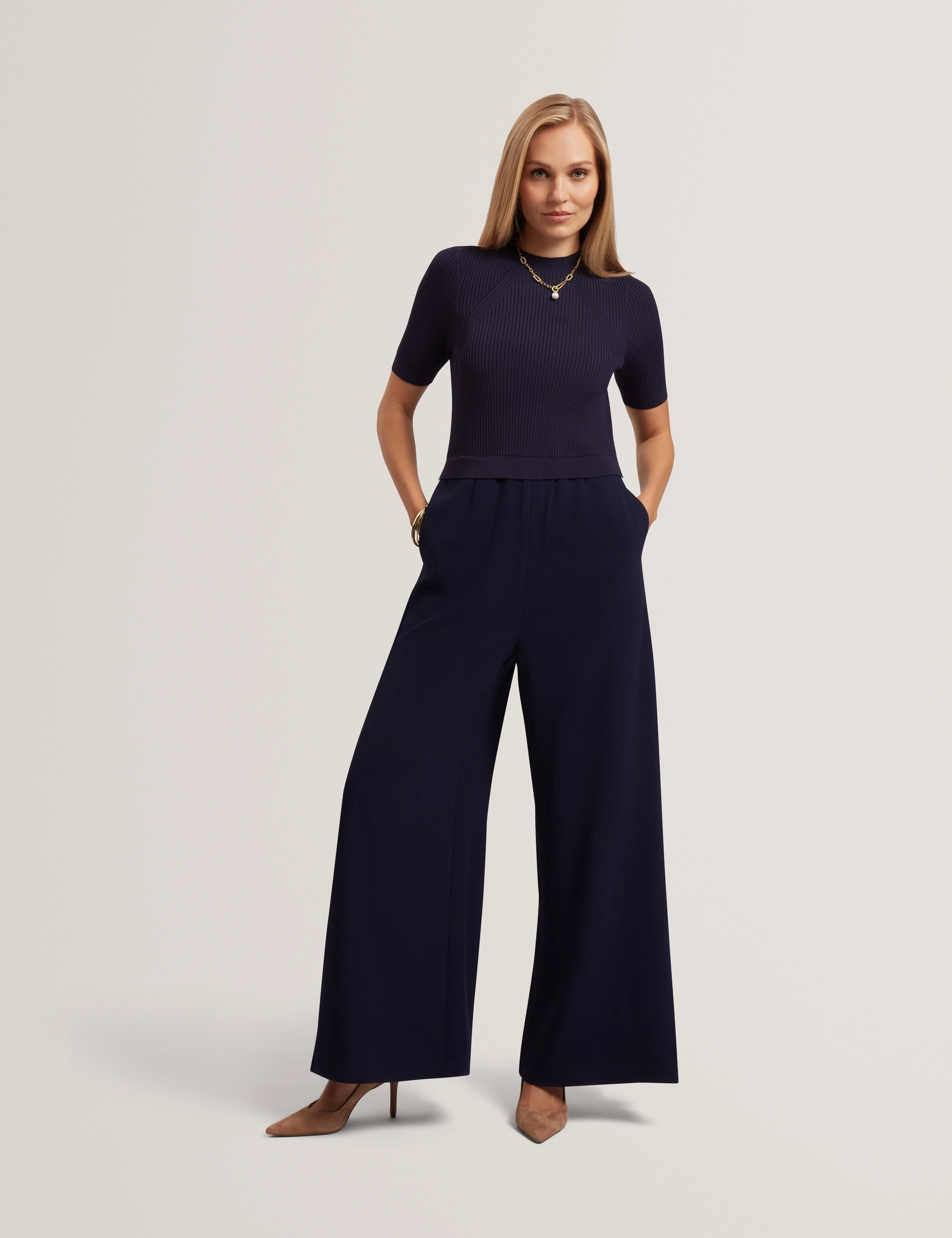Aellaa Knit Bodice Jumpsuit Navy - Image 3