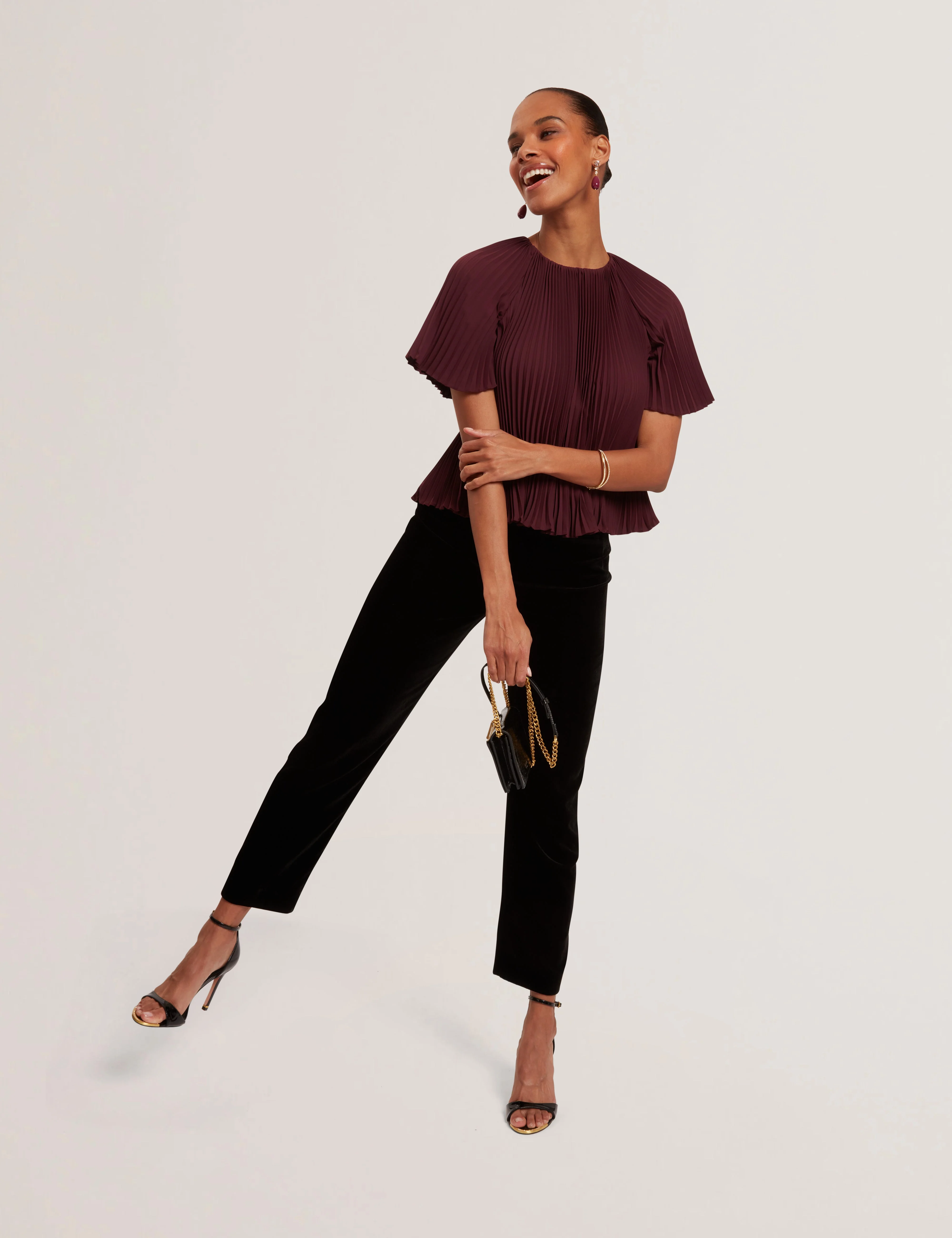 Agara Crepe Pleated Short Sleeve Top Oxblood - Image 6