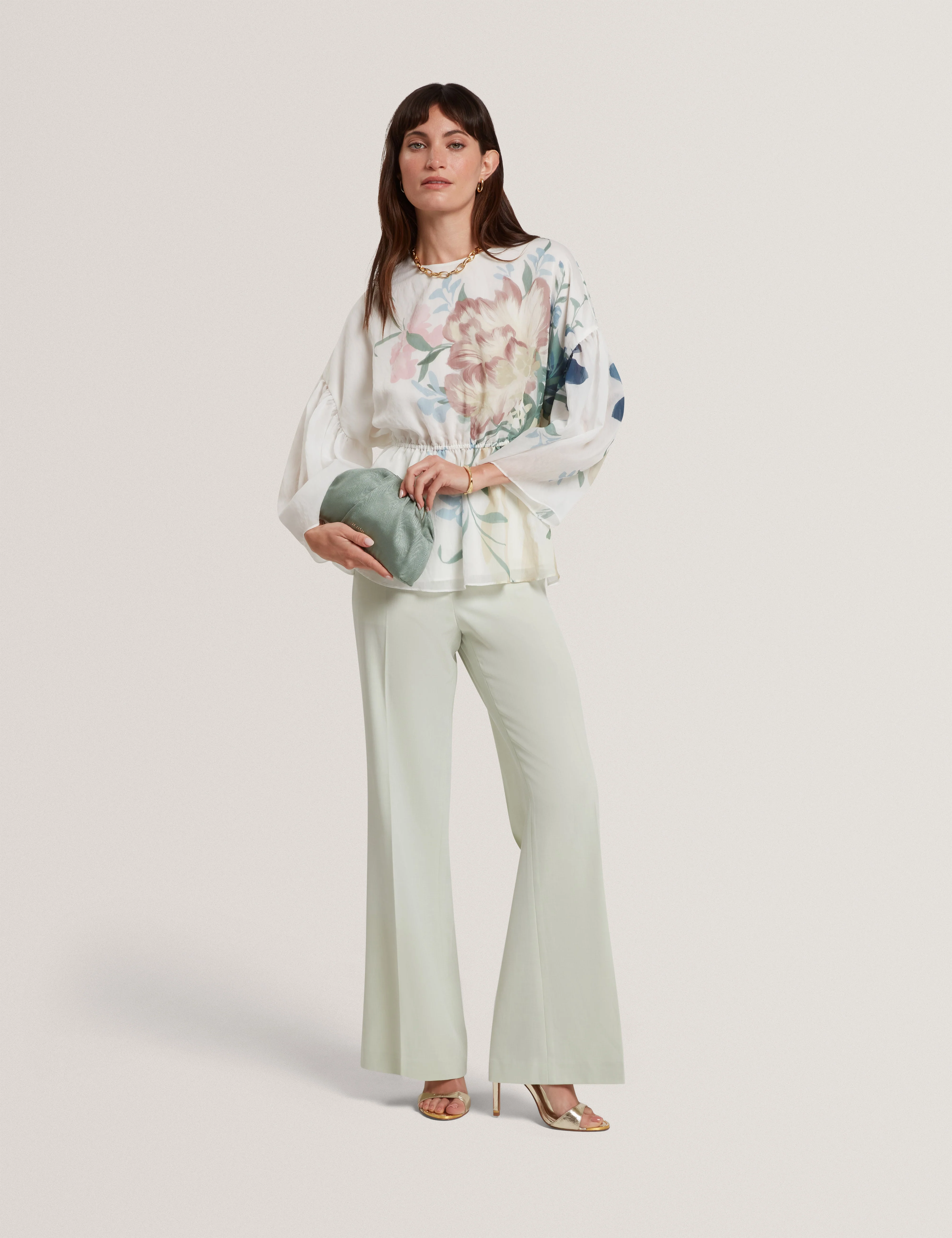Ahlanza Printed Puff Sleeve Peplum Top Ivory - Image 2