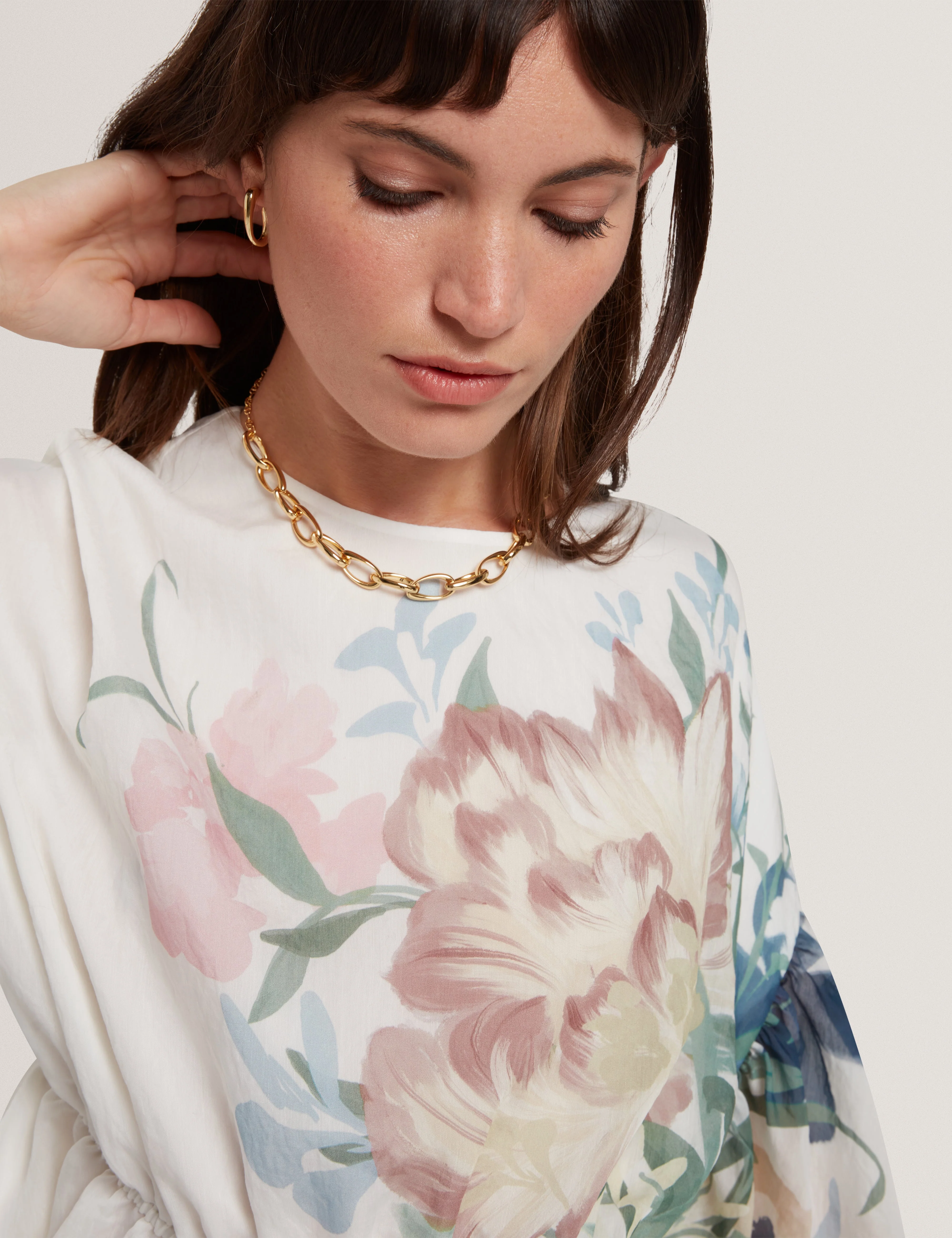 Ahlanza Printed Puff Sleeve Peplum Top Ivory - Image 4