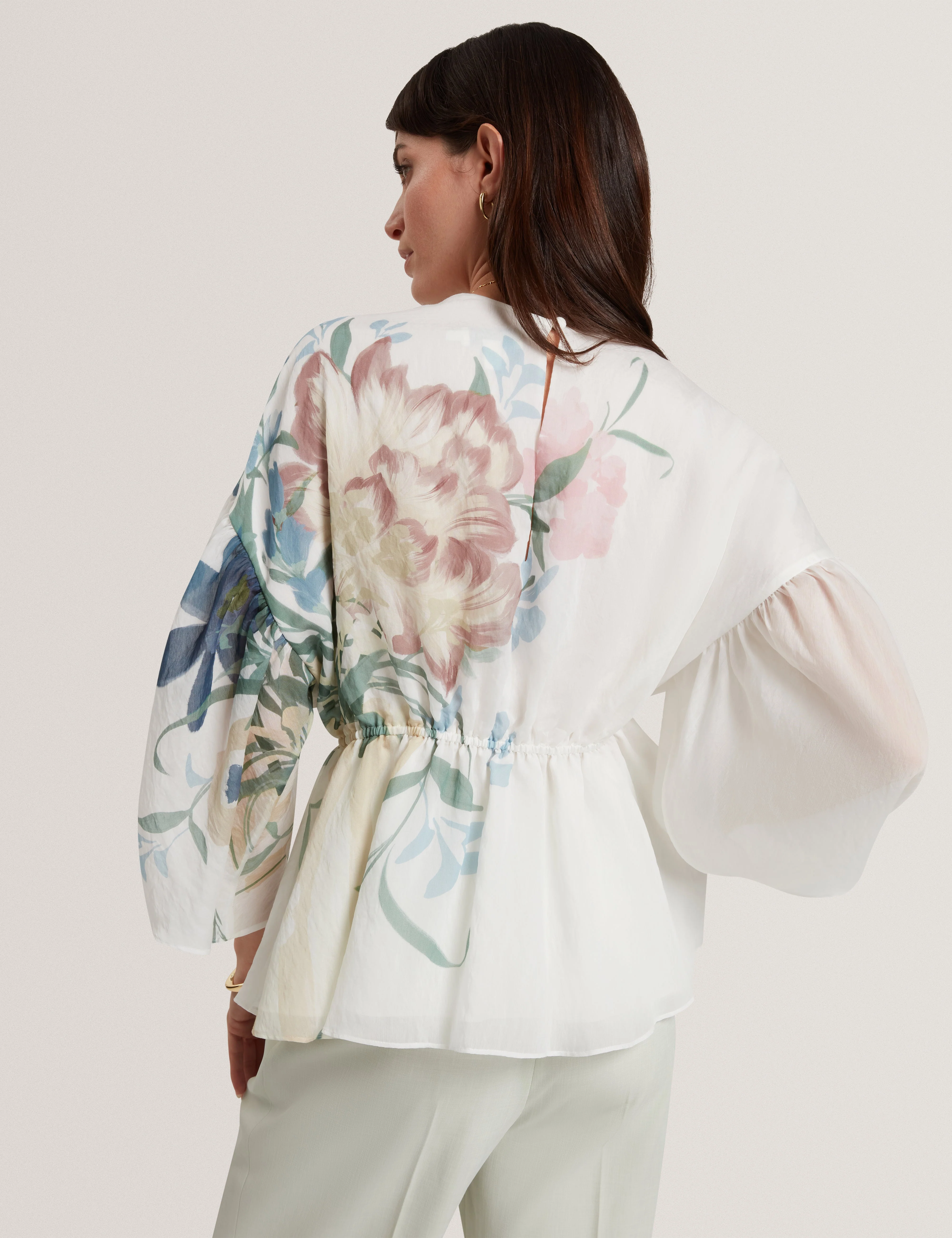 Ahlanza Printed Puff Sleeve Peplum Top Ivory - Image 5