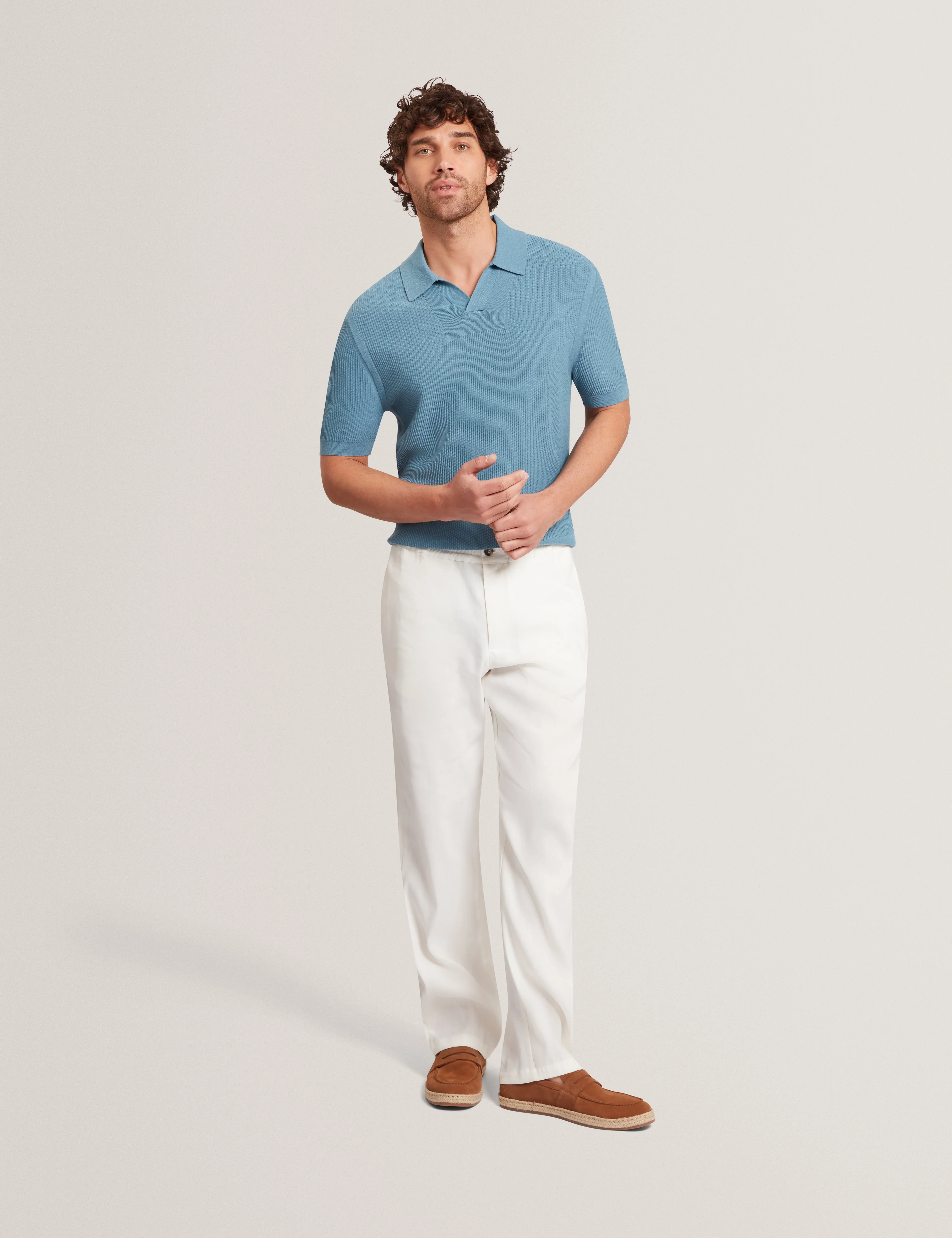 Aindrea Ss Stitch Detail Open Neck Polo Sky-Blue - Image 2