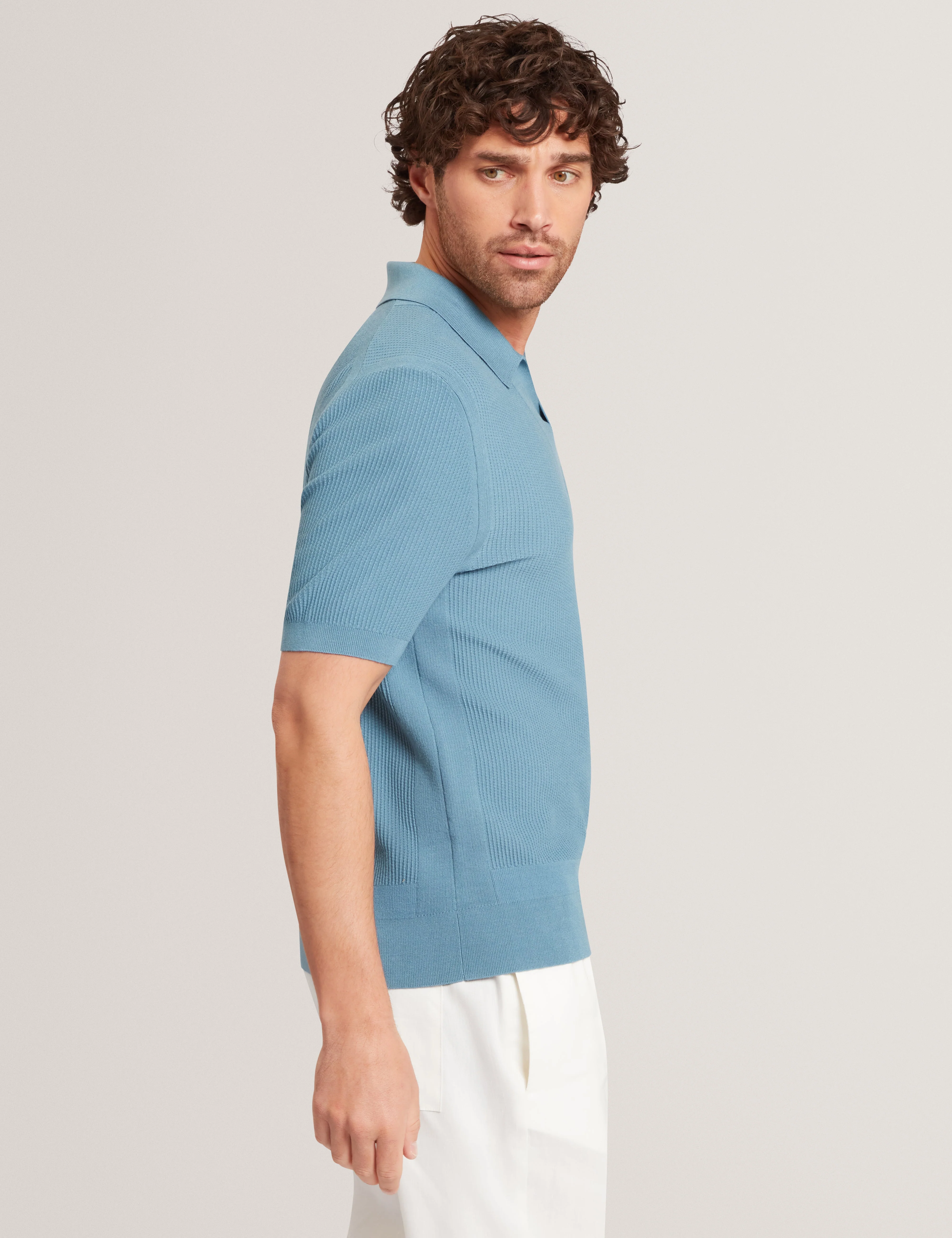 Aindrea Ss Stitch Detail Open Neck Polo Sky-Blue - Image 5