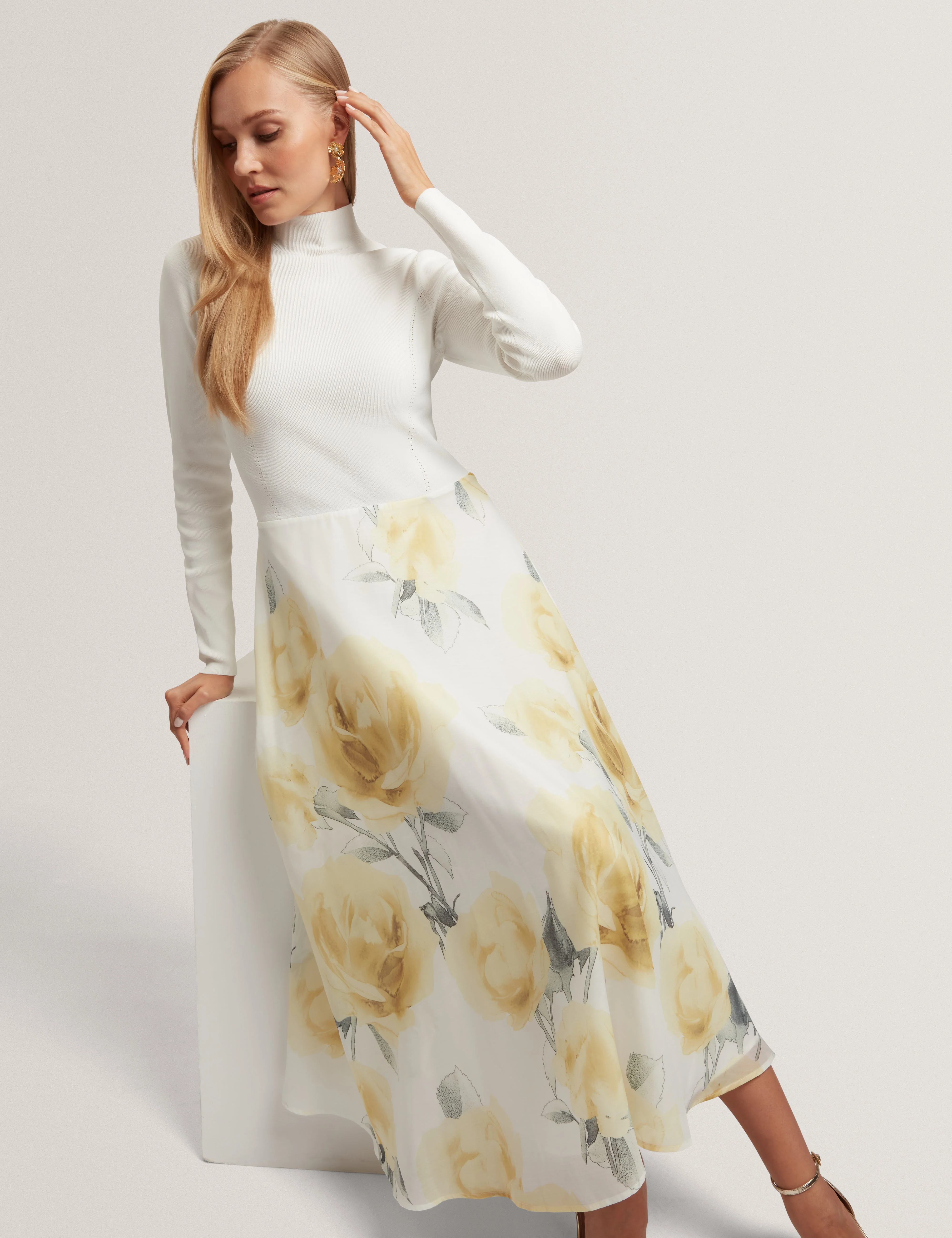 Allila Midi Dress With Organza Printed Skirt Ivory - Image 6