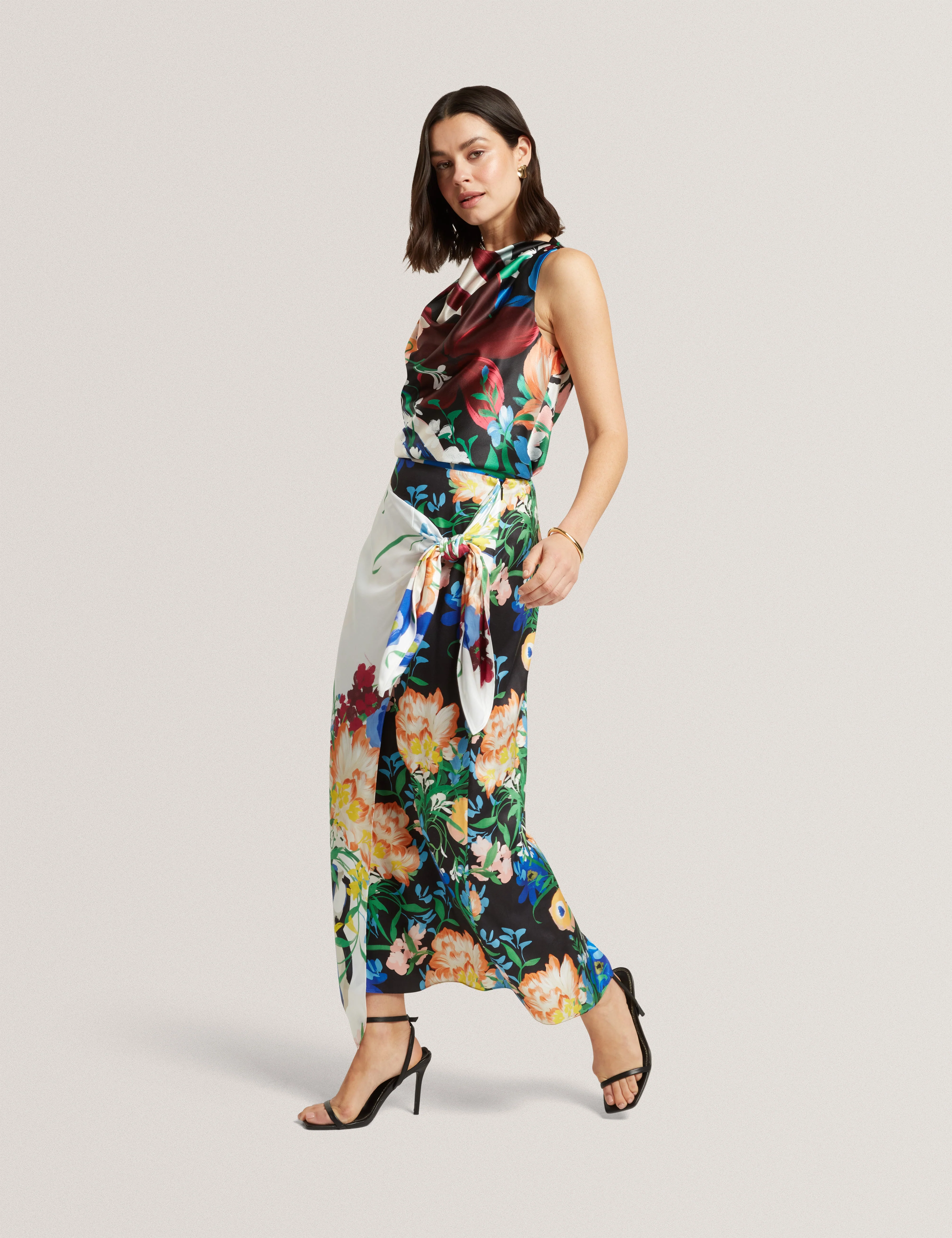 Allmia Floral Print Knot Detail Wrap Midi Skirt Black