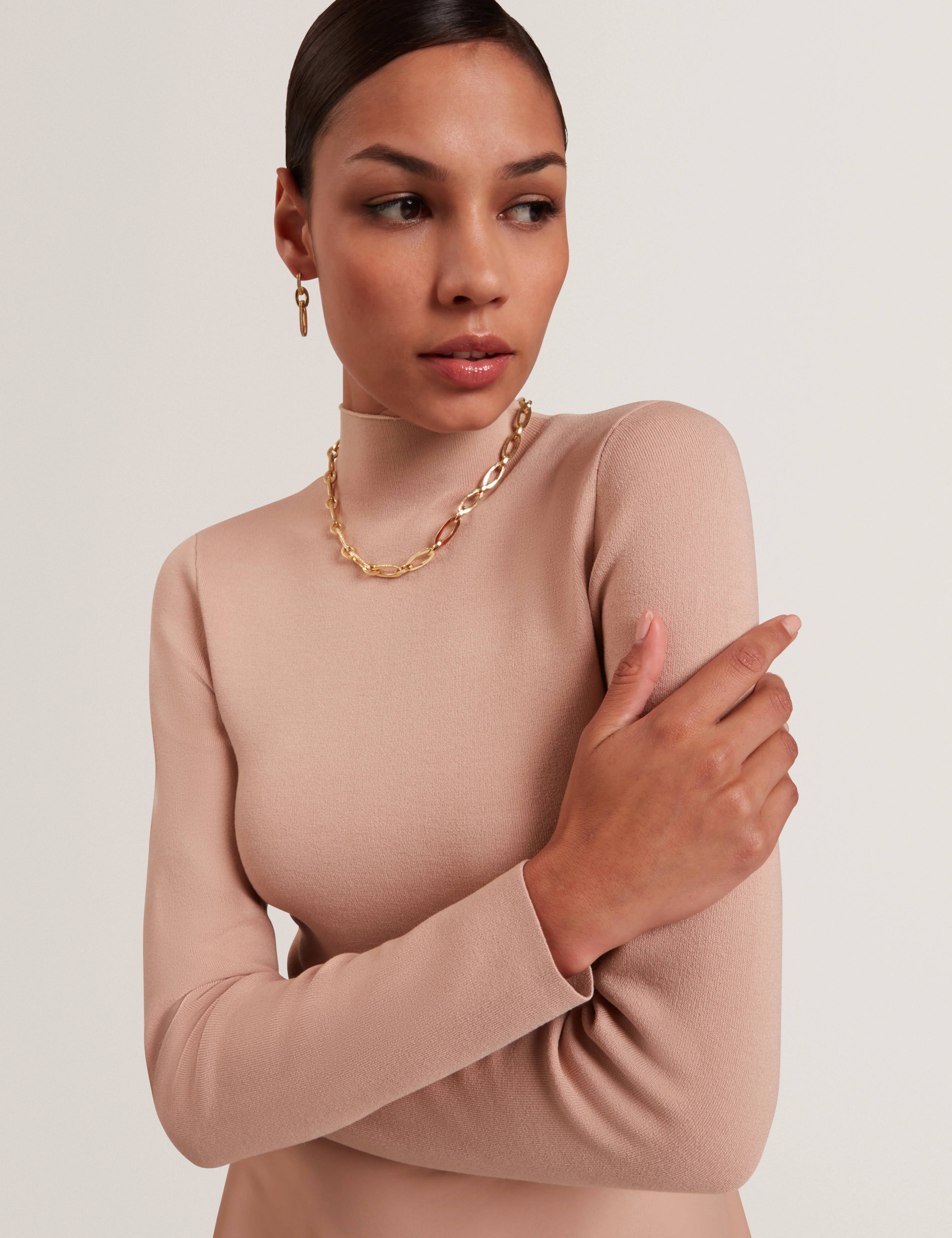 Allmie High Neck Dress With Faux Leather Skirt Taupe - Image 4