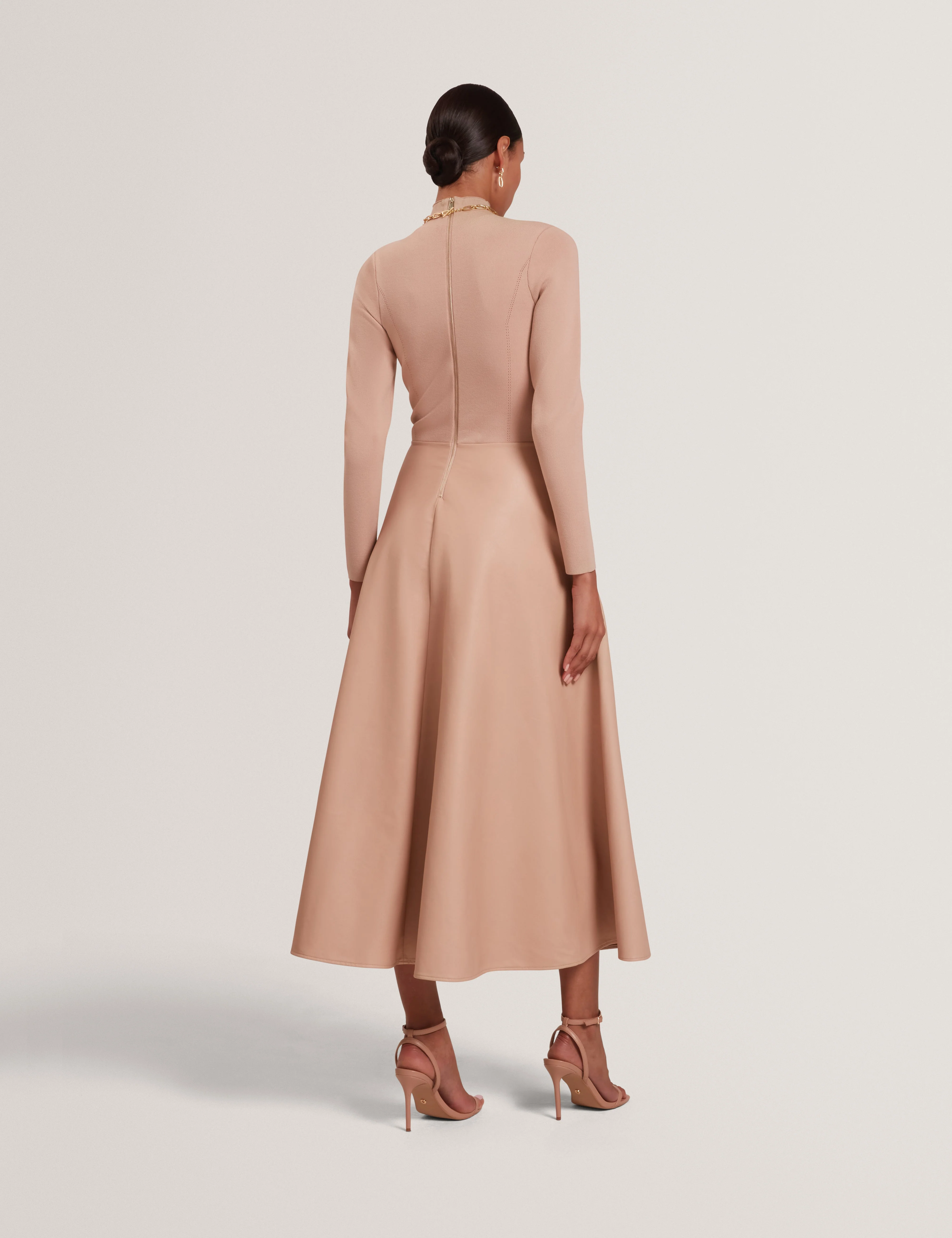 Allmie High Neck Dress With Faux Leather Skirt Taupe - Image 5