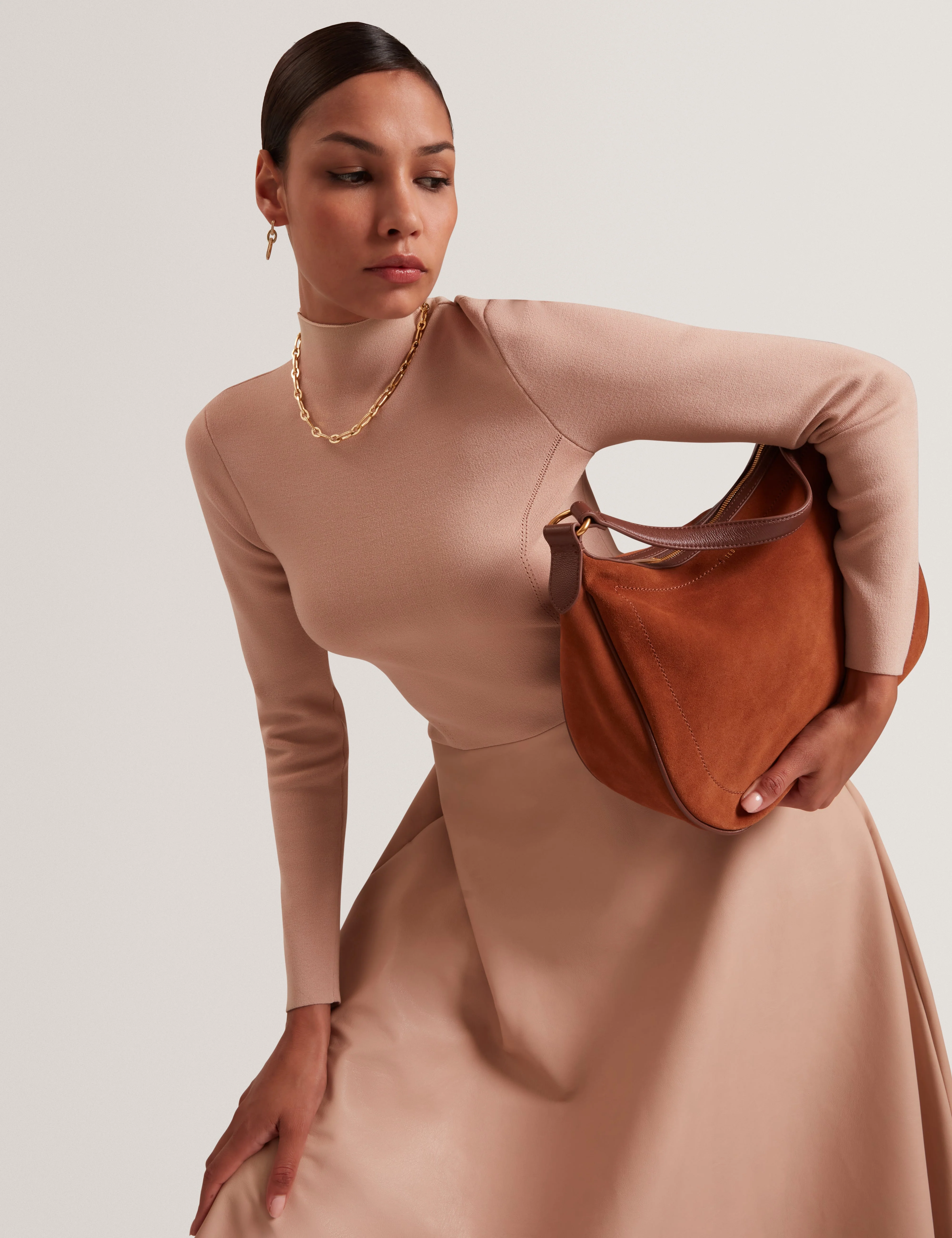 Allmie High Neck Dress With Faux Leather Skirt Taupe - Image 6