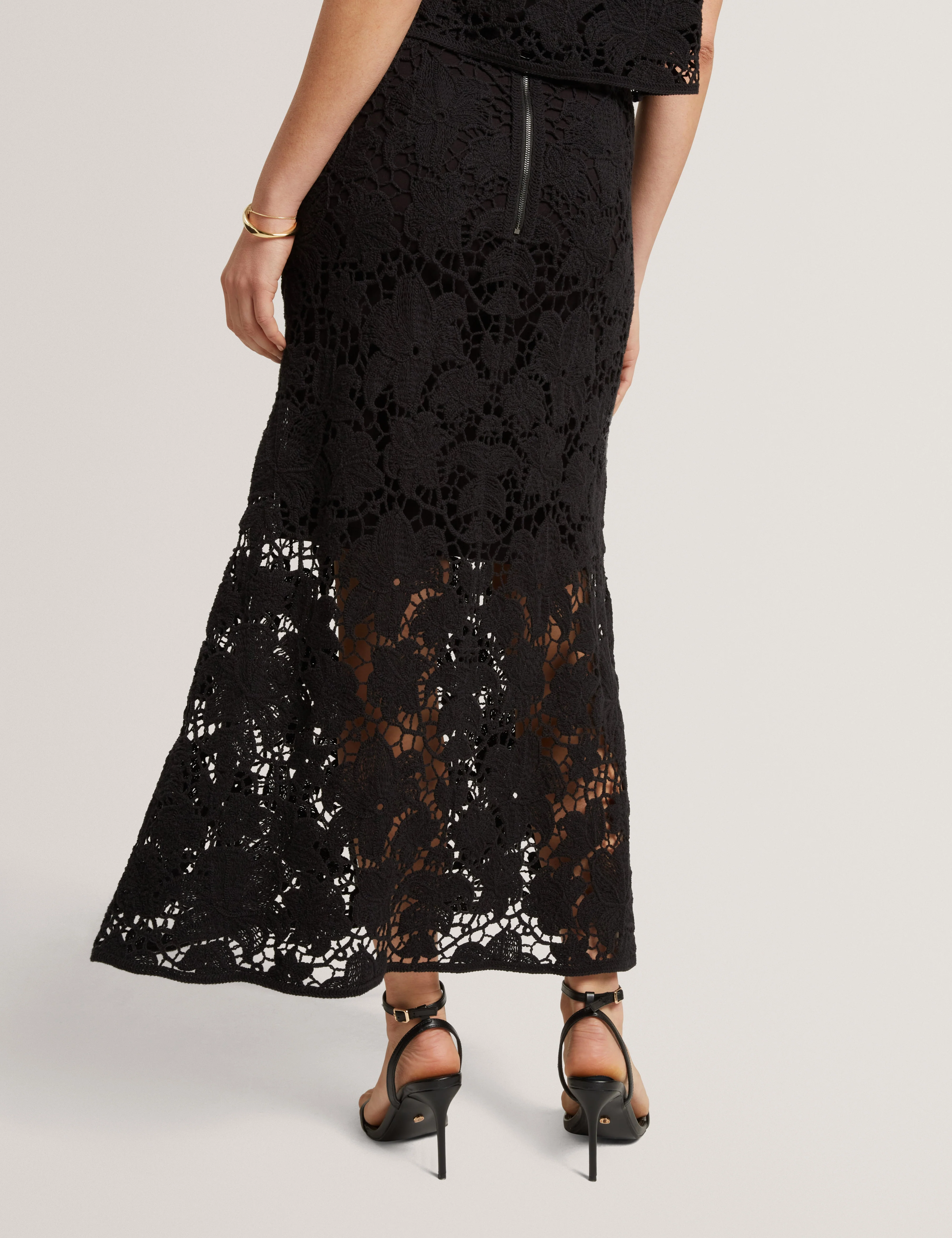 Aphria Crochet Knit Midi Flared Skirt Black - Image 5