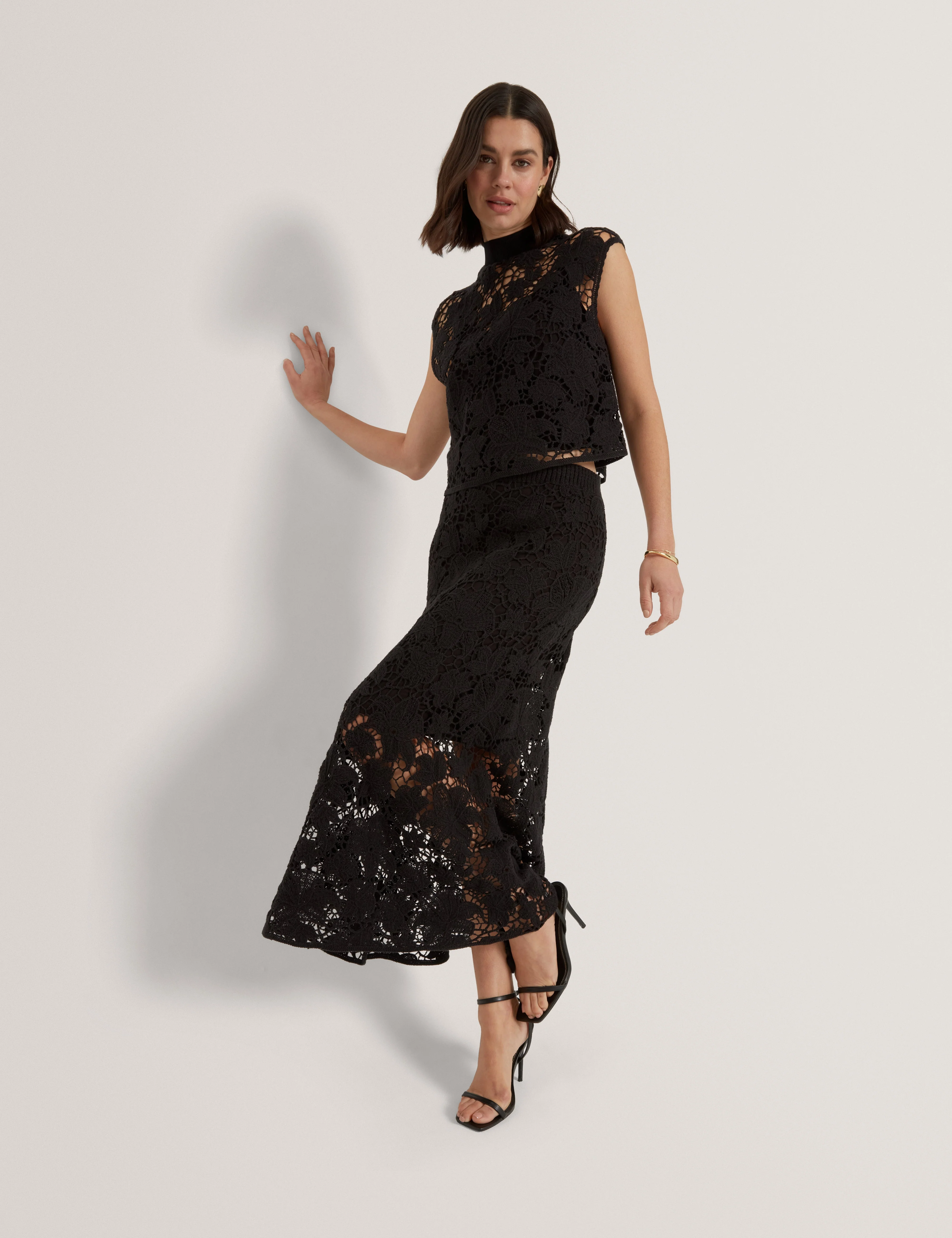 Aphria Crochet Knit Midi Flared Skirt Black - Image 6