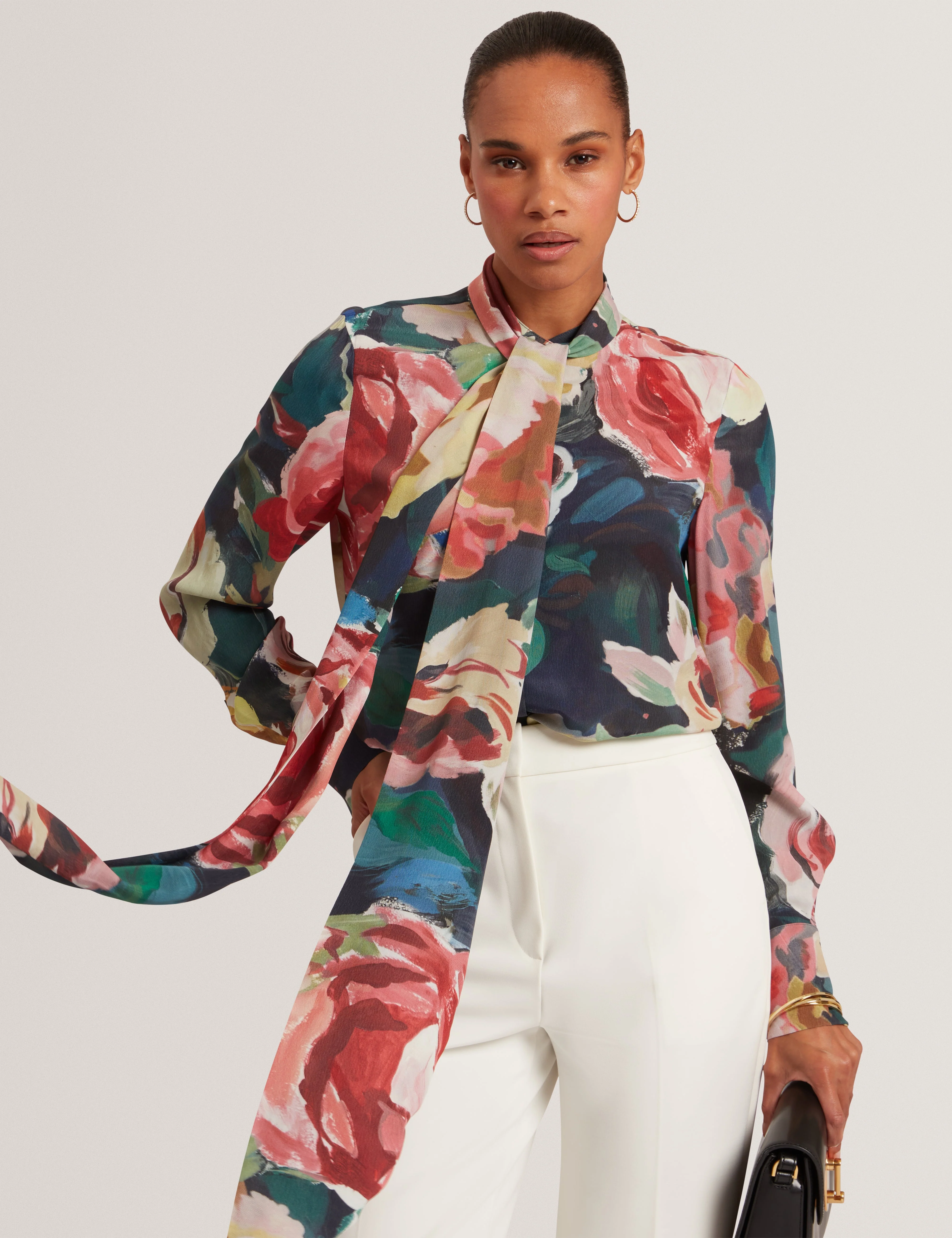 Araga Tie Neck Printed Long Sleeve Shirt Navy