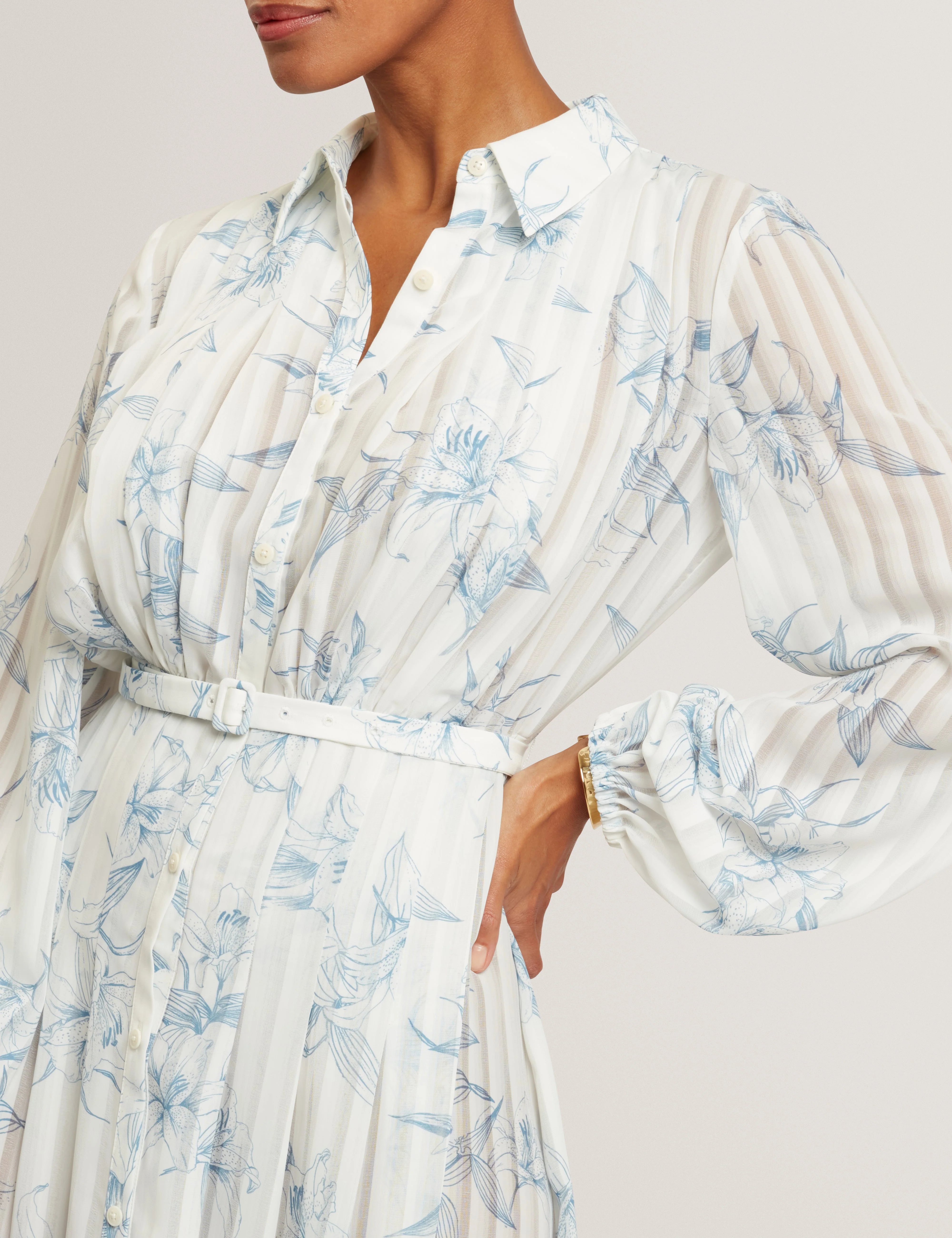 Bernia Pleated Midi Printed Shirt Dress White - Image 4