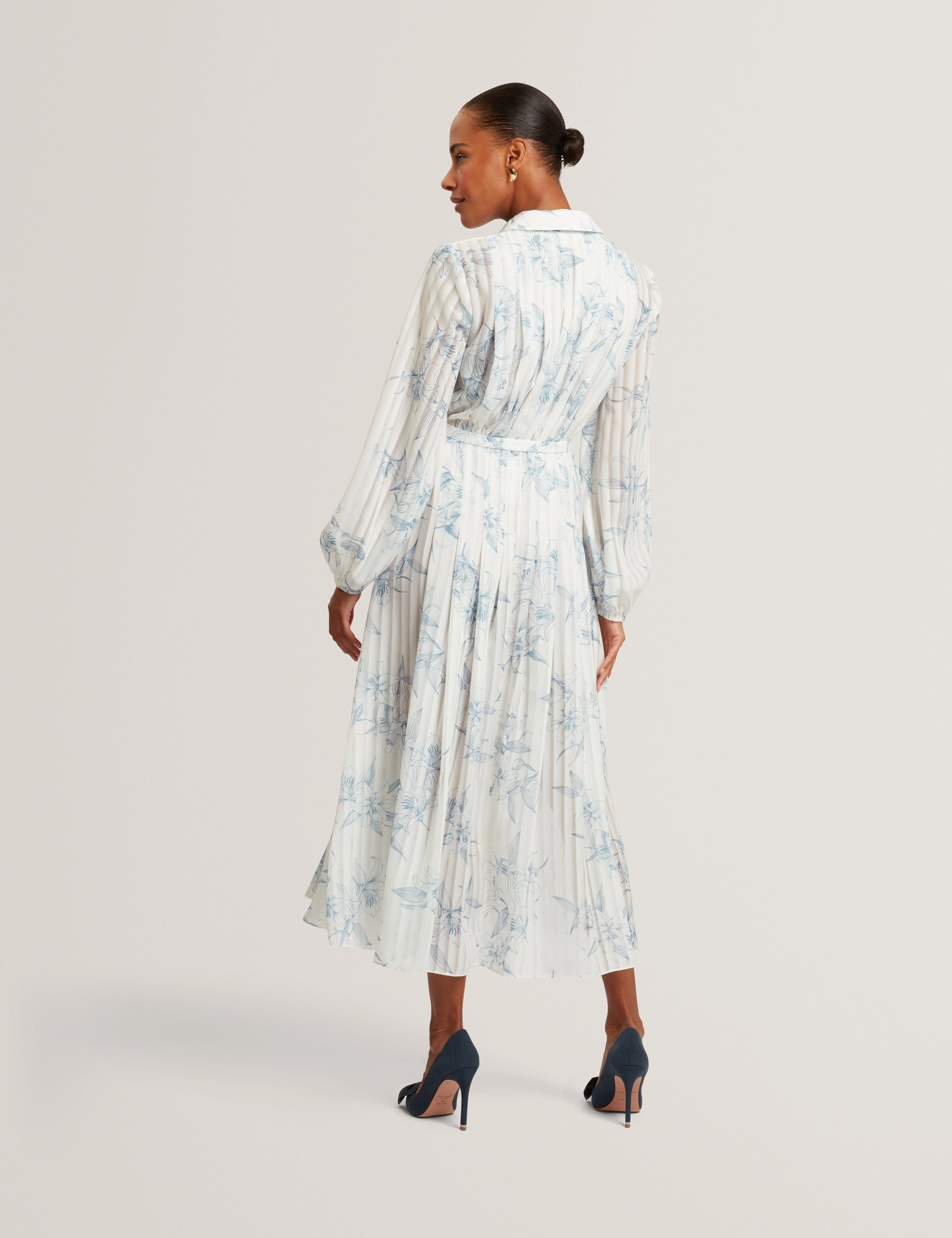 Bernia Pleated Midi Printed Shirt Dress White - Image 5