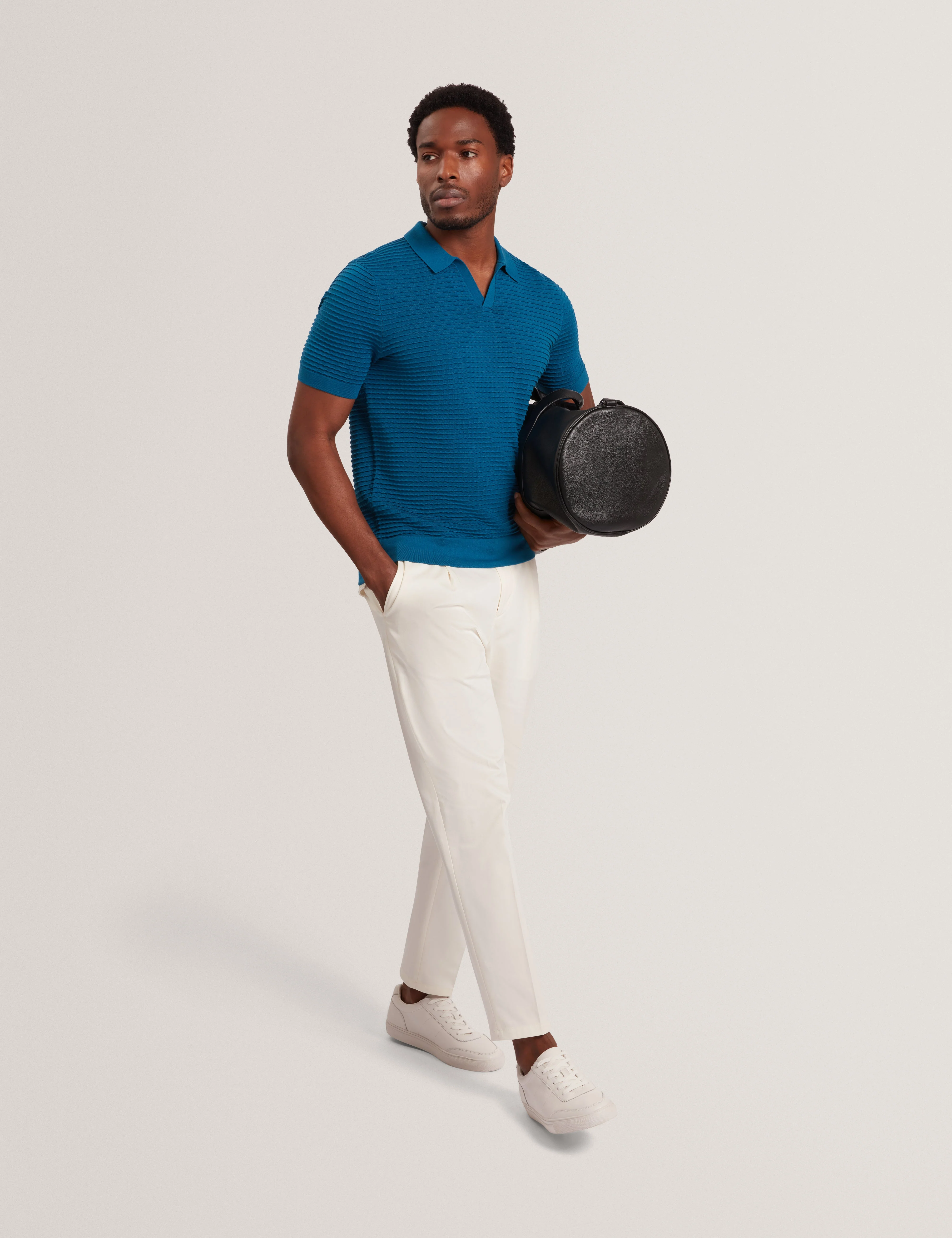Bestel Short Sleeve Wavy Stitch Open Neck Polo Navy-Green - Image 6