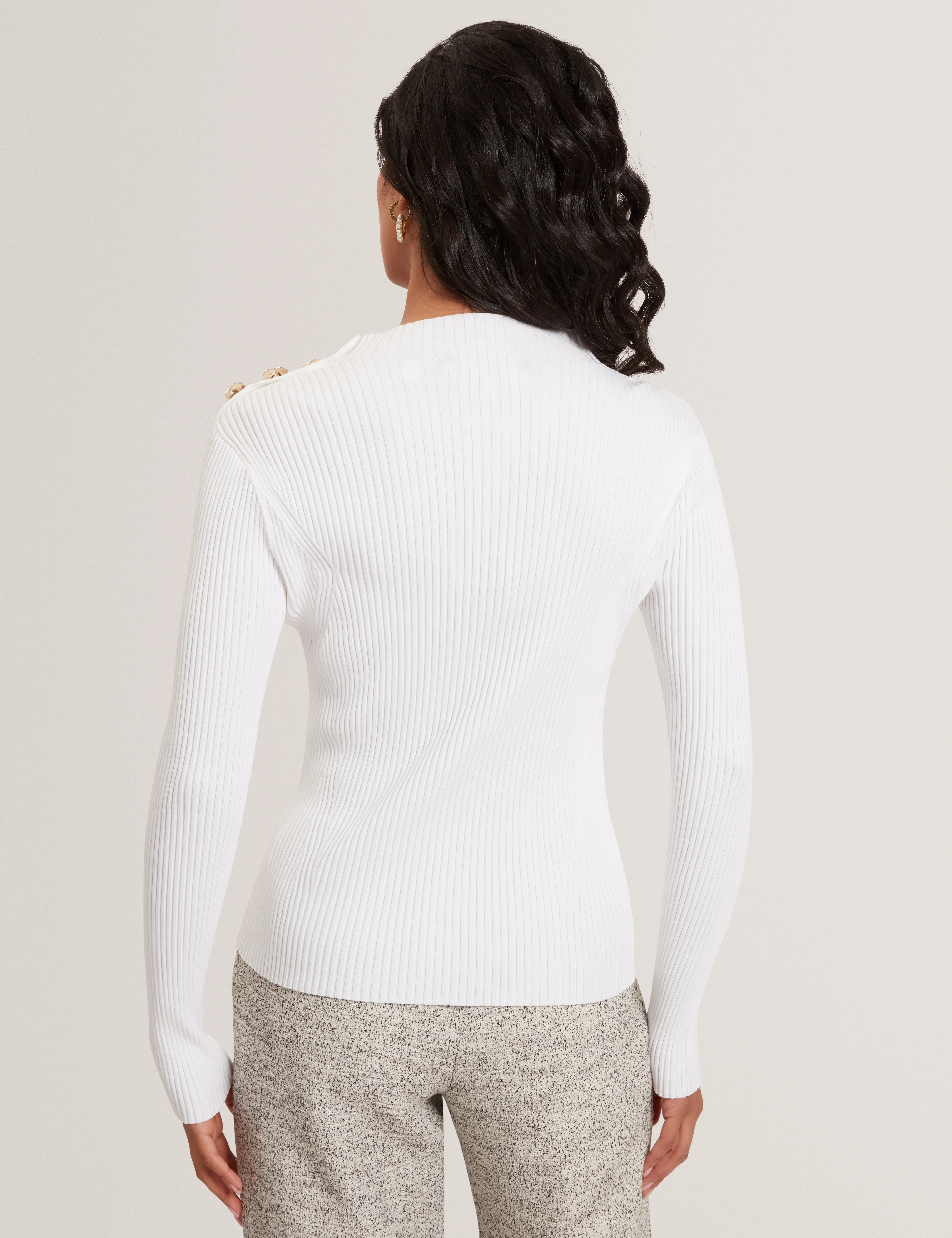 Bleana Rose Button Detail Long Sleeve Knitted T Ivory - Image 5