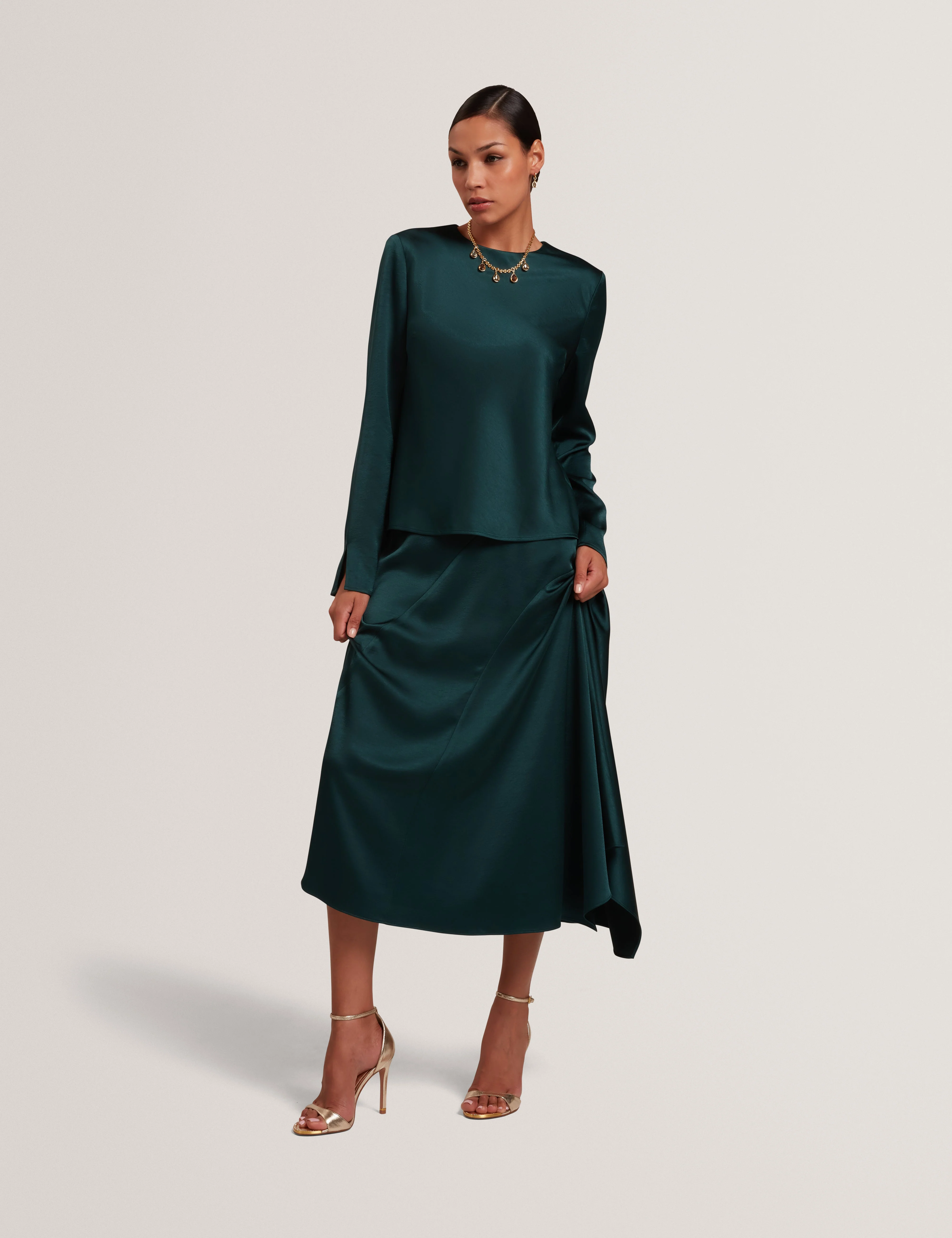 Bolsena Satin Midi Skirt With Asymmetric Hem Dk-Green - Image 2
