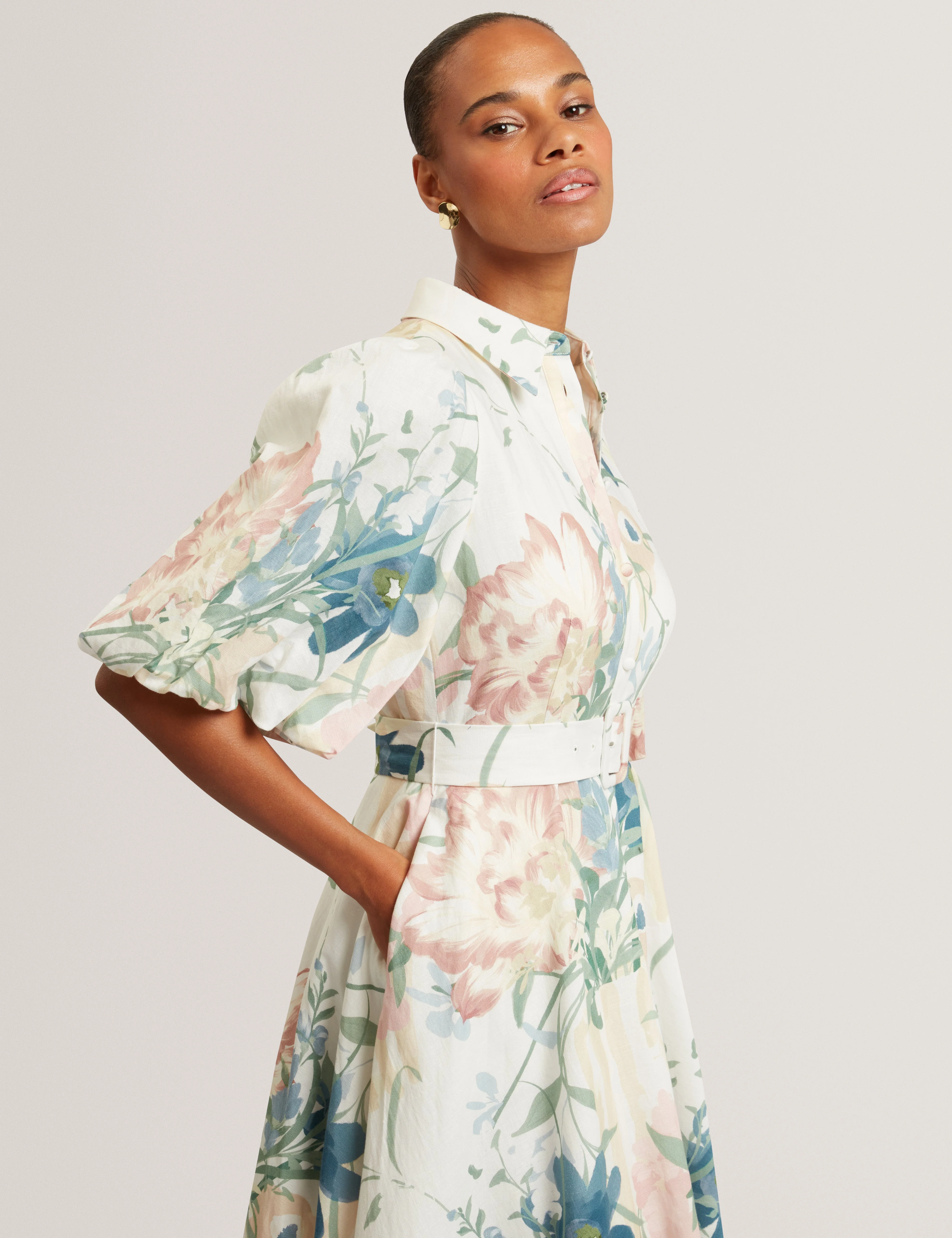 Breei Puff Sleeve Printed Midi Shirt Dress Ivory - Image 2