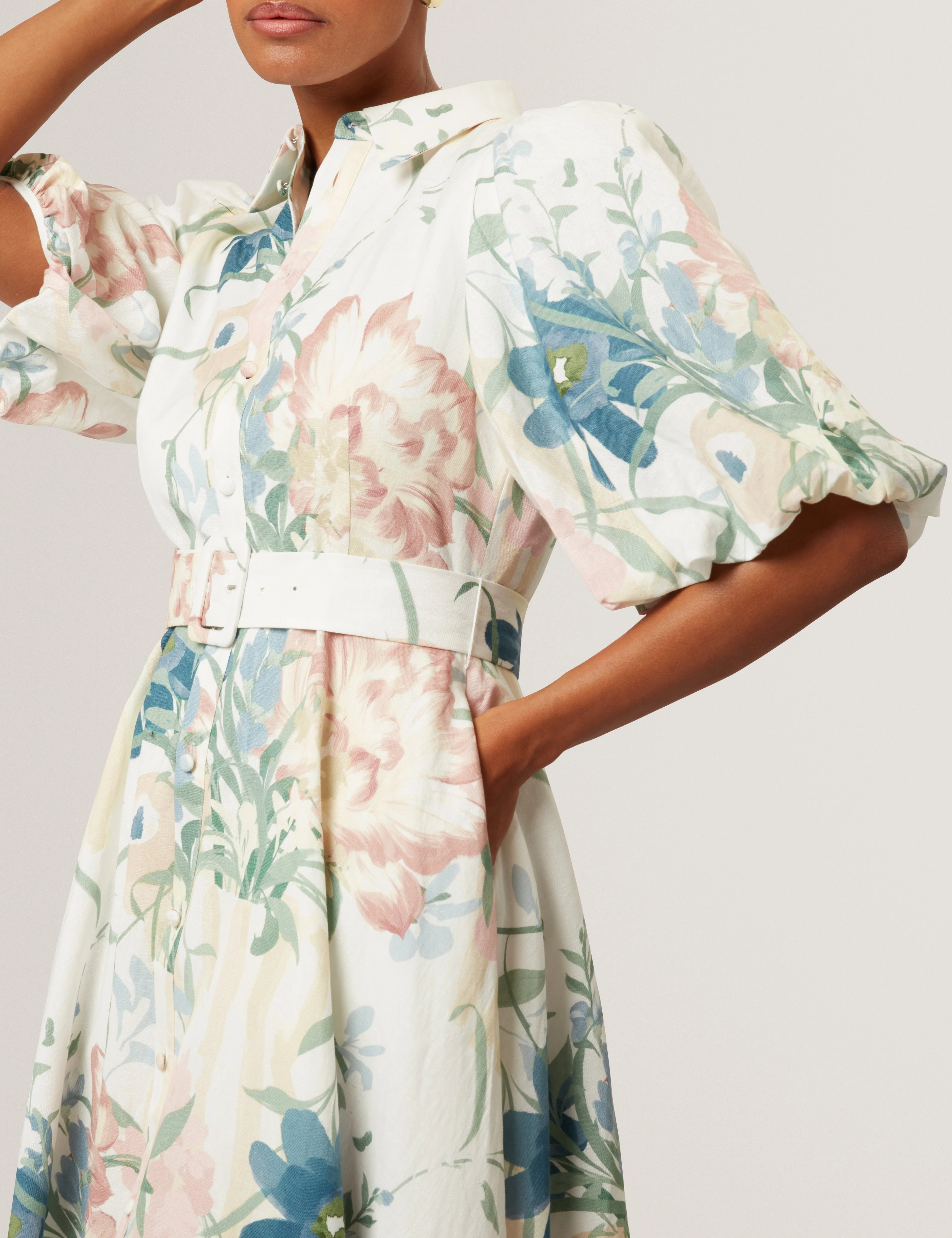 Breei Puff Sleeve Printed Midi Shirt Dress Ivory - Image 4