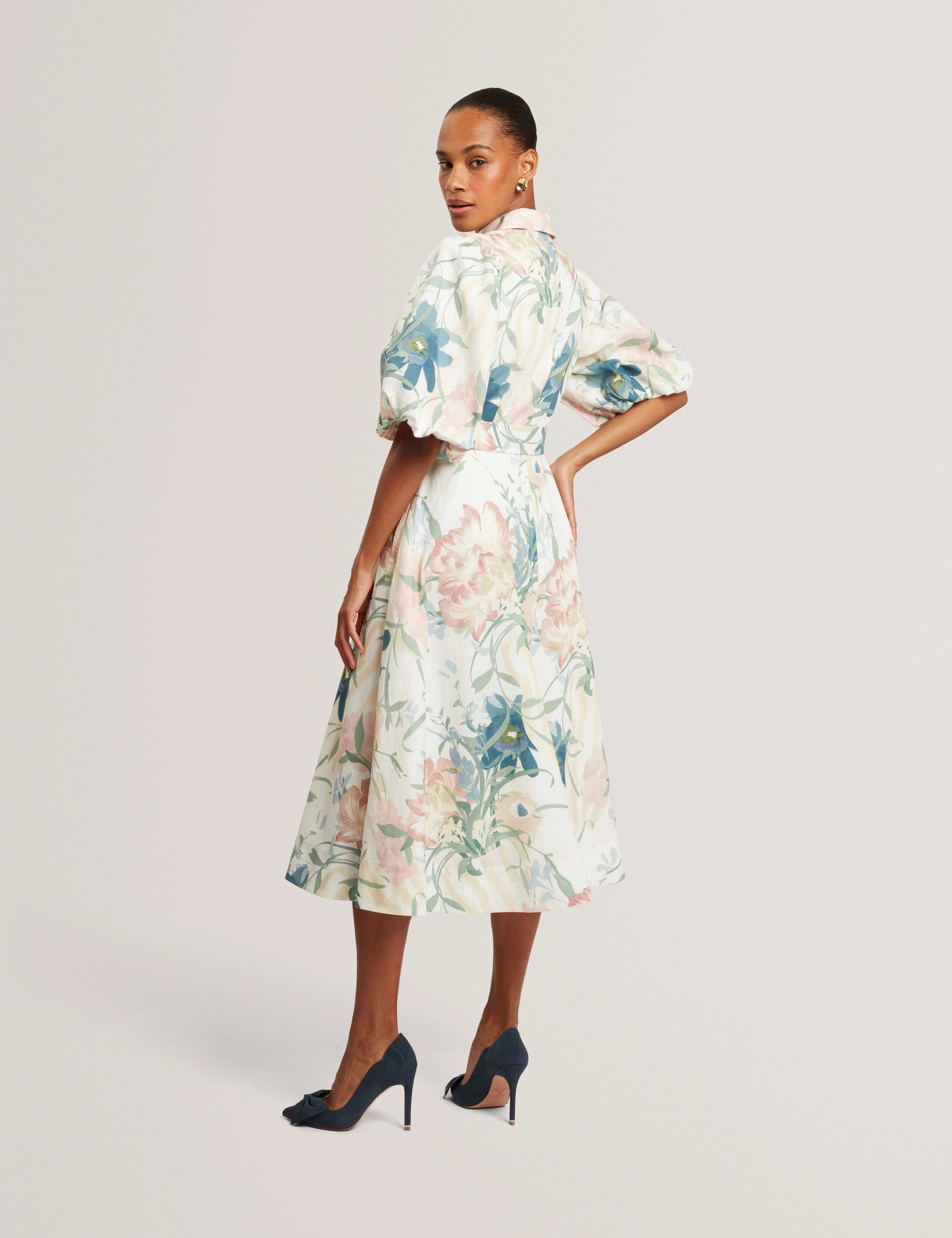 Breei Puff Sleeve Printed Midi Shirt Dress Ivory - Image 5