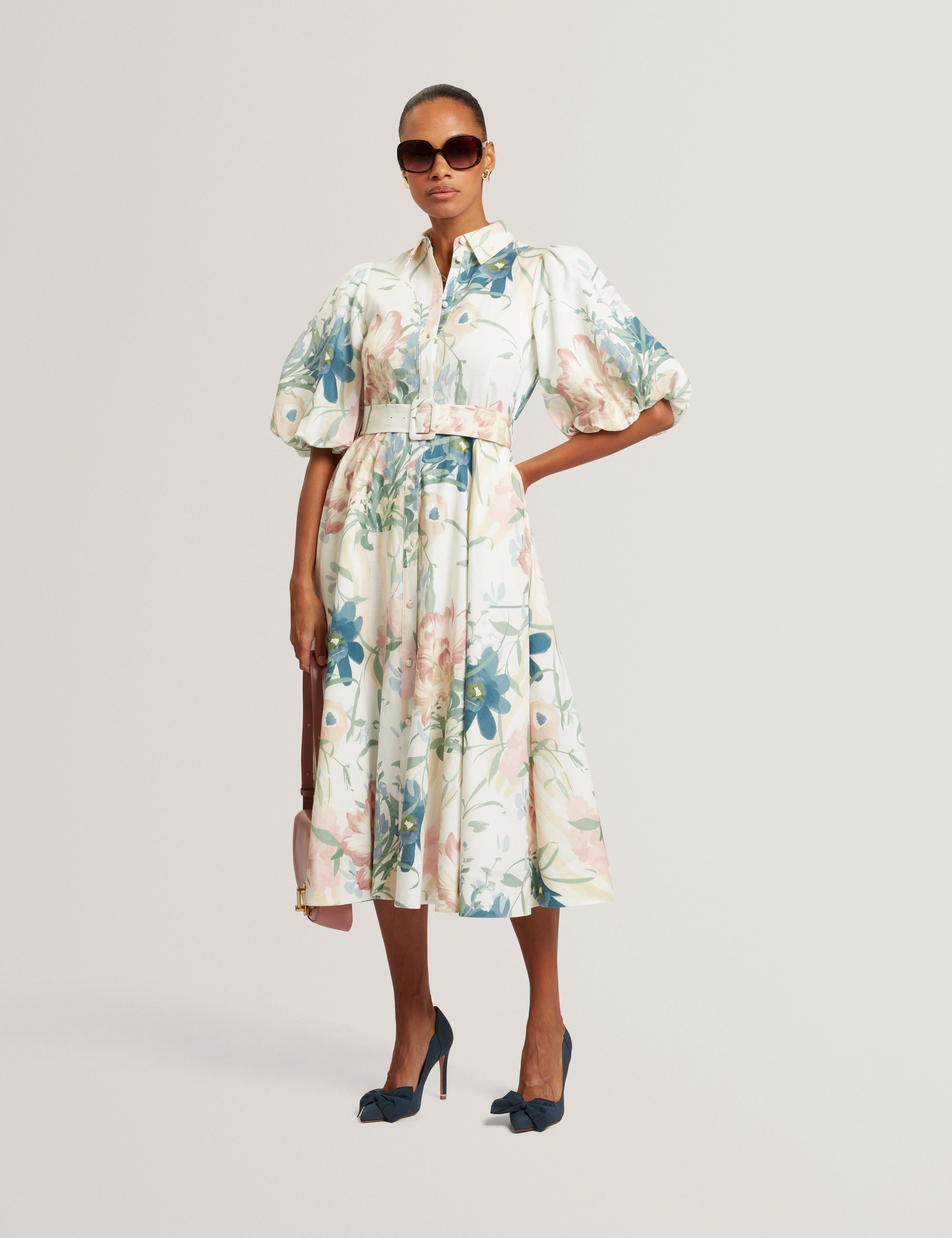 Breei Puff Sleeve Printed Midi Shirt Dress Ivory - Image 6