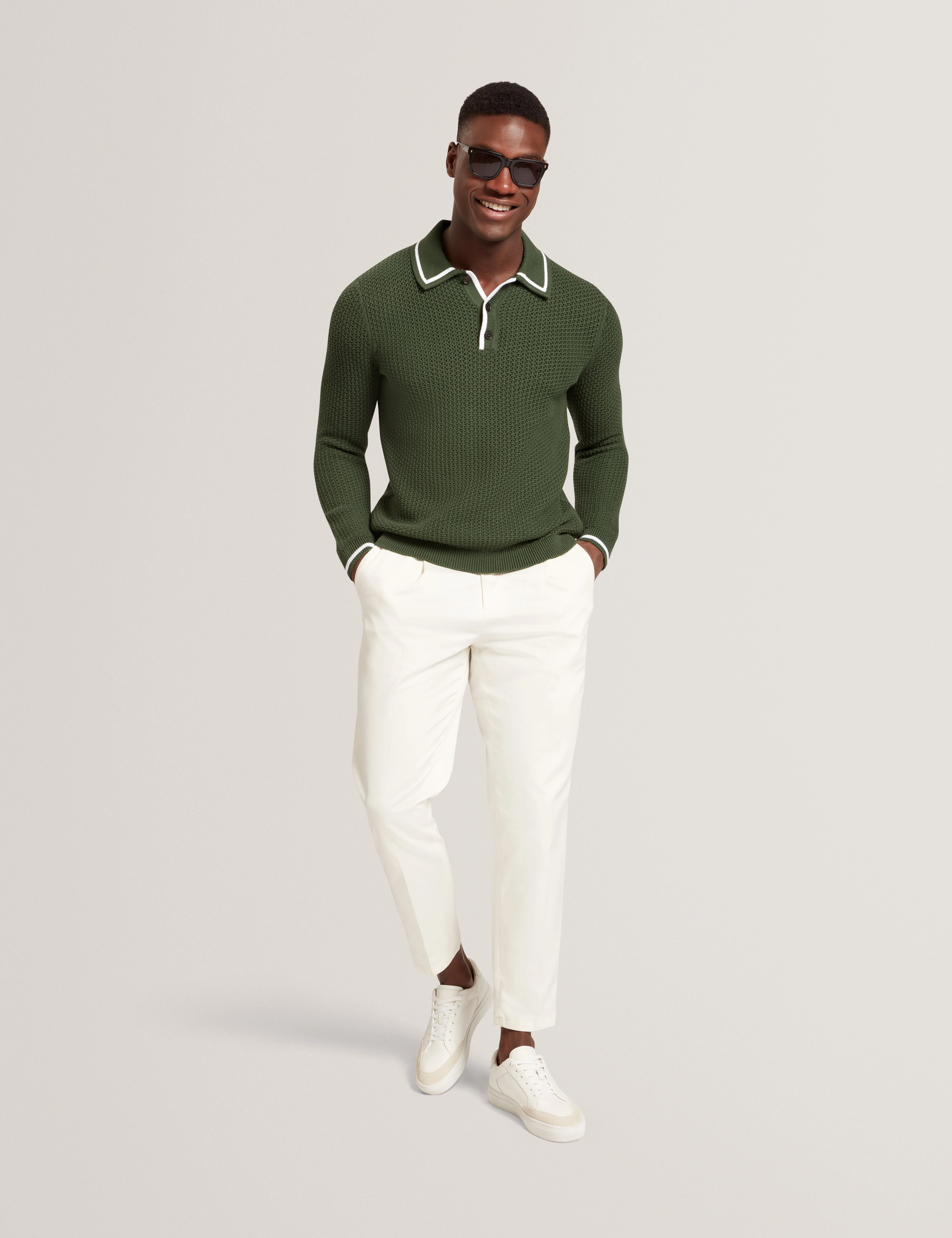 Brucei Long Sleeve Waffle Stitch Knit Polo Dk-Green - Image 4