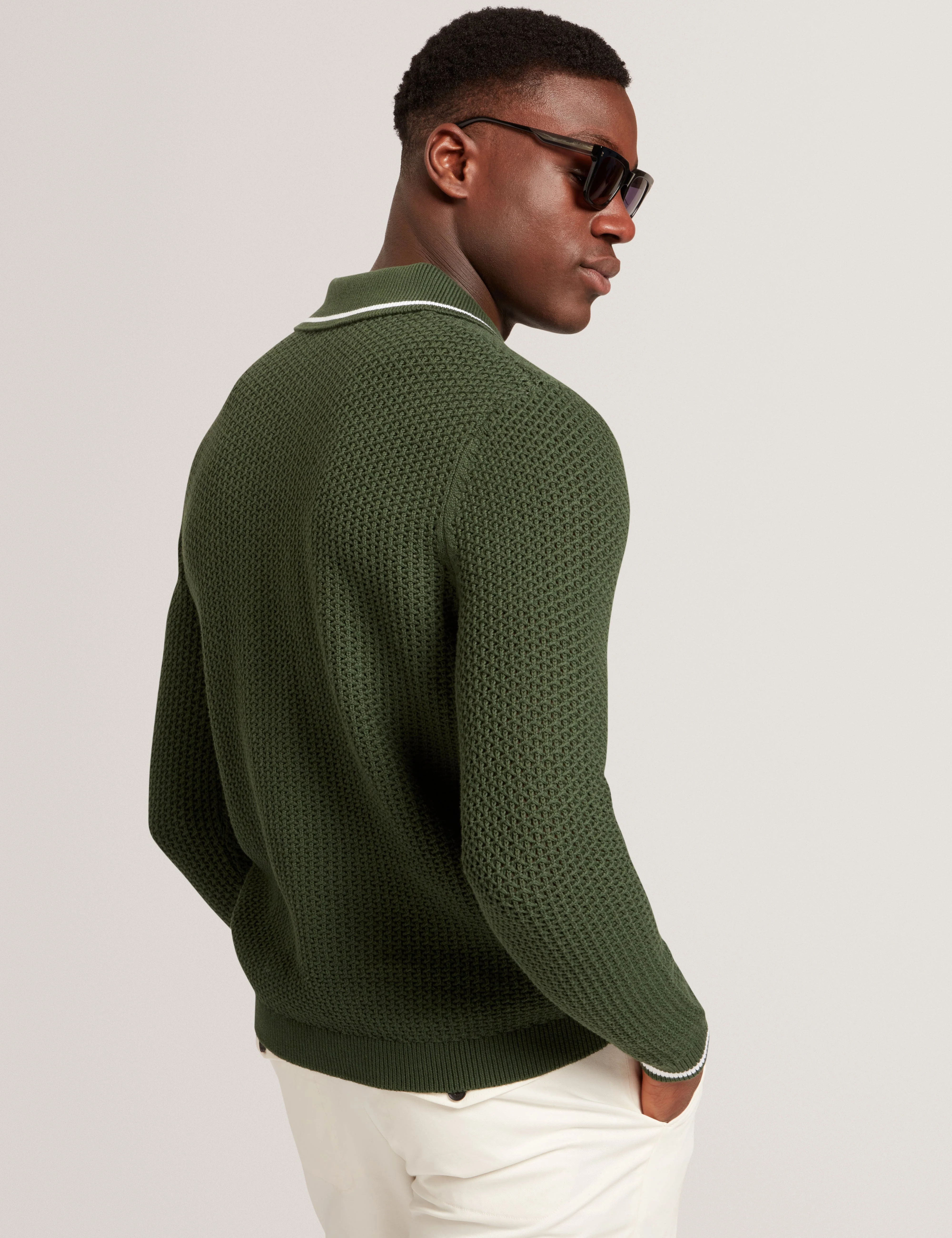 Brucei Long Sleeve Waffle Stitch Knit Polo Dk-Green - Image 5