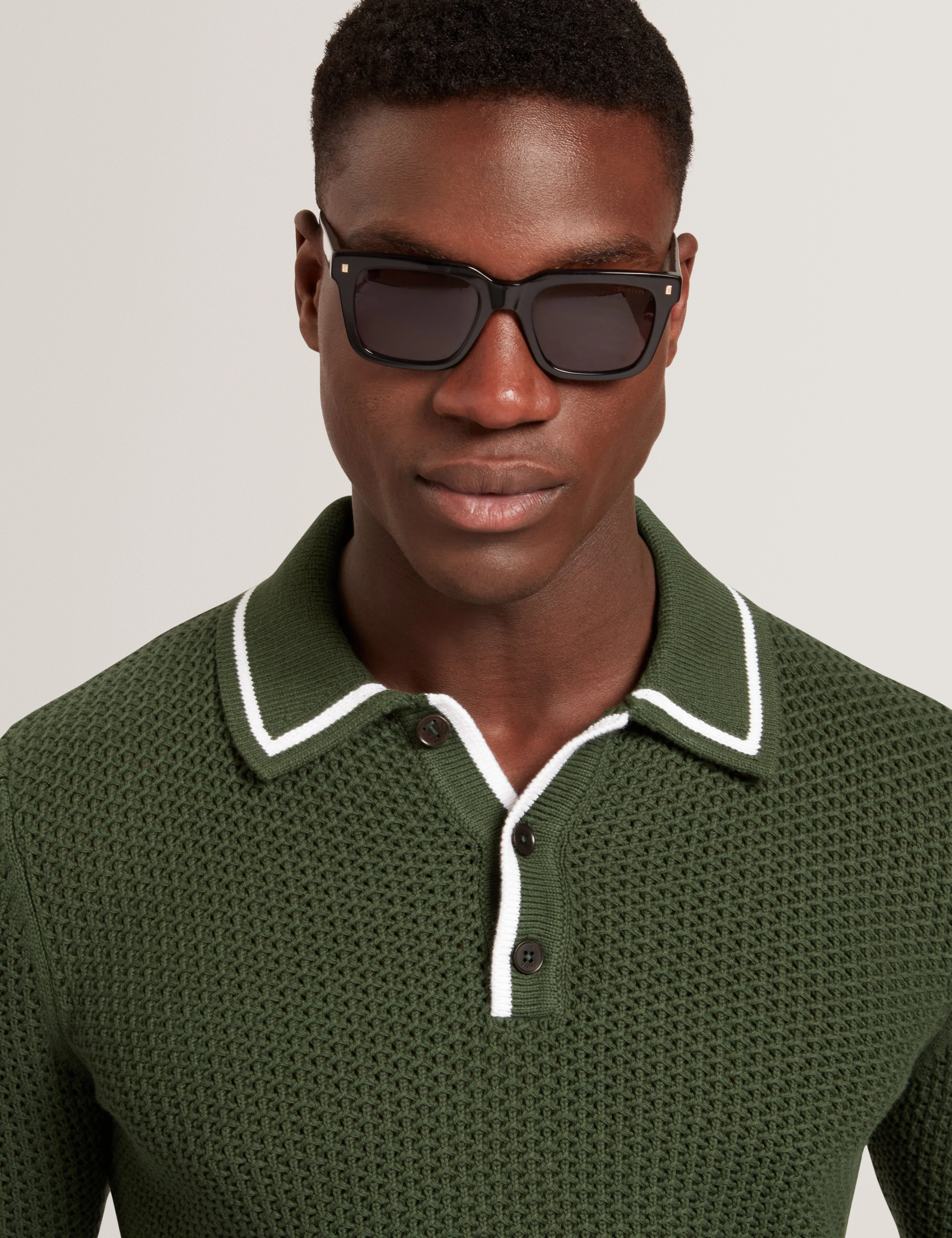 Brucei Long Sleeve Waffle Stitch Knit Polo Dk-Green - Image 6