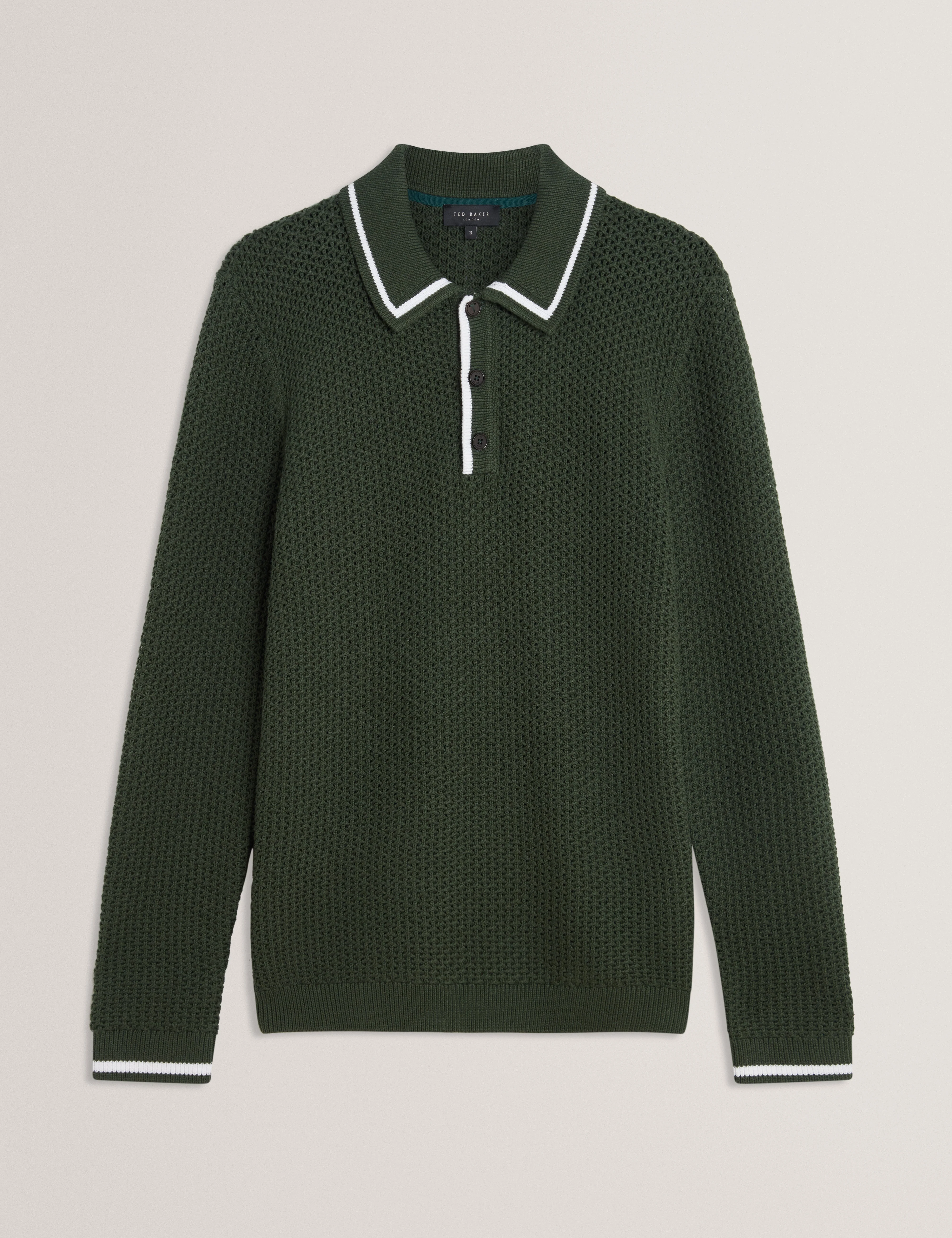 Brucei Long Sleeve Waffle Stitch Knit Polo Dk-Green - Image 7