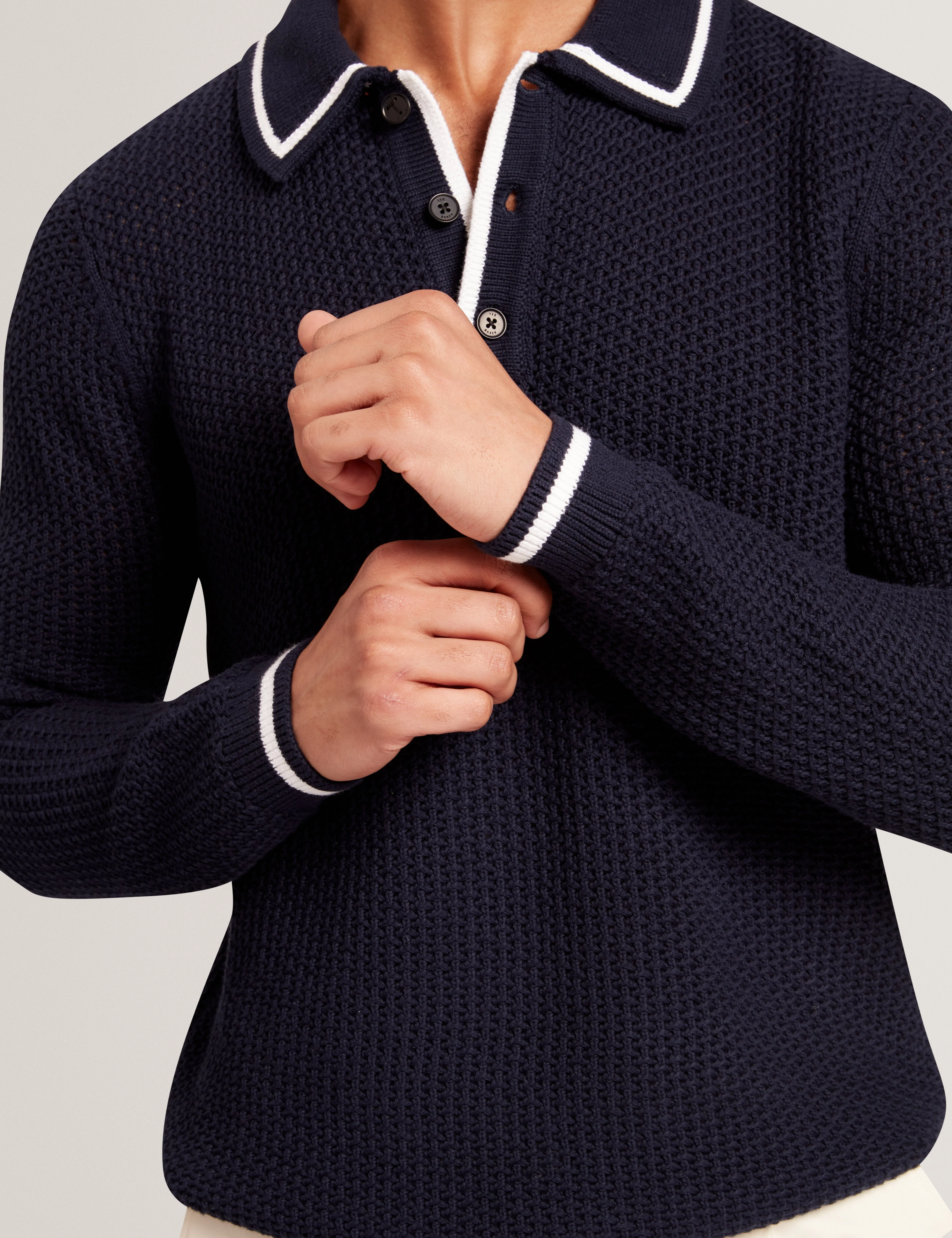 Brucei Long Sleeve Waffle Stitch Knit Polo Navy - Image 4