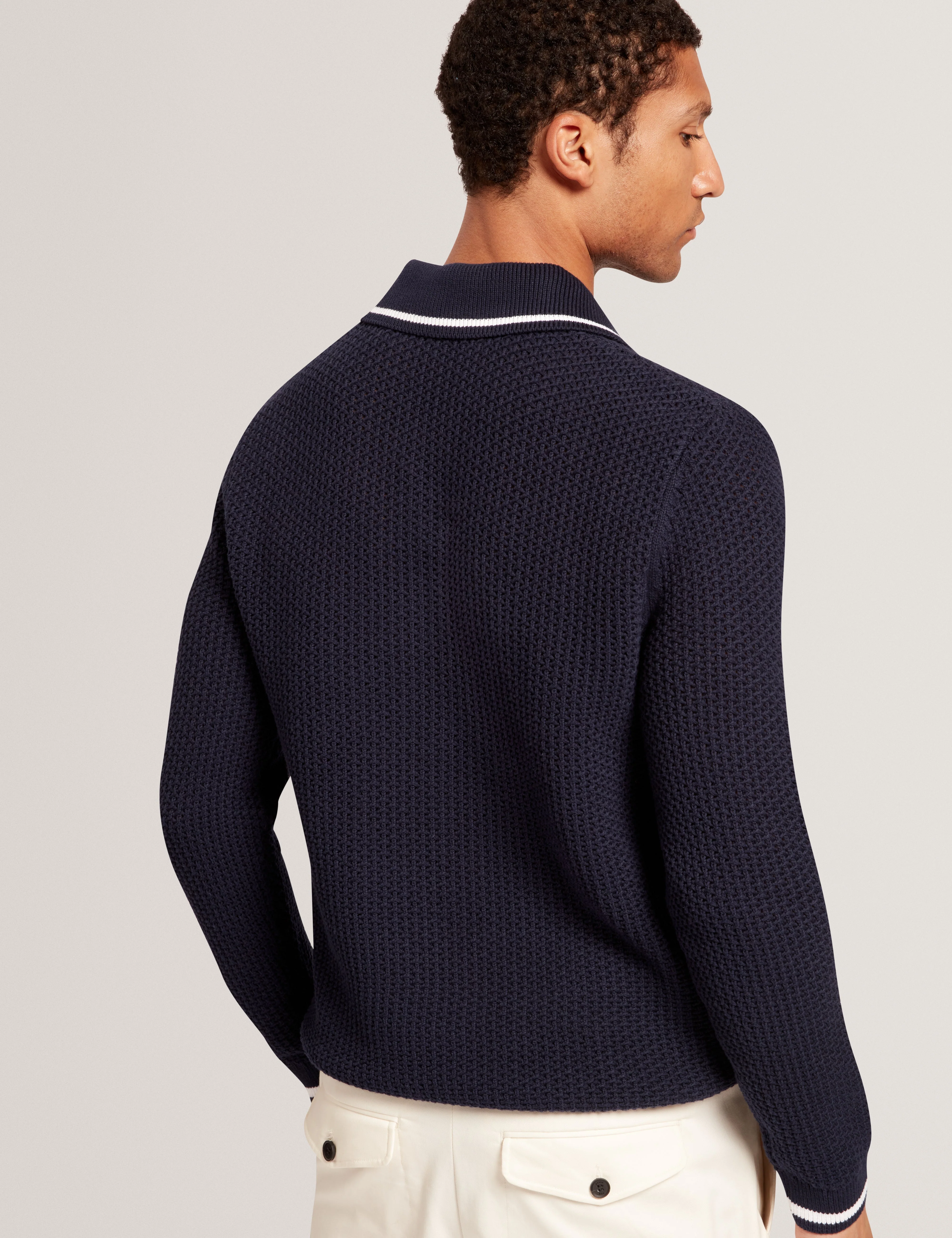 Brucei Long Sleeve Waffle Stitch Knit Polo Navy - Image 6