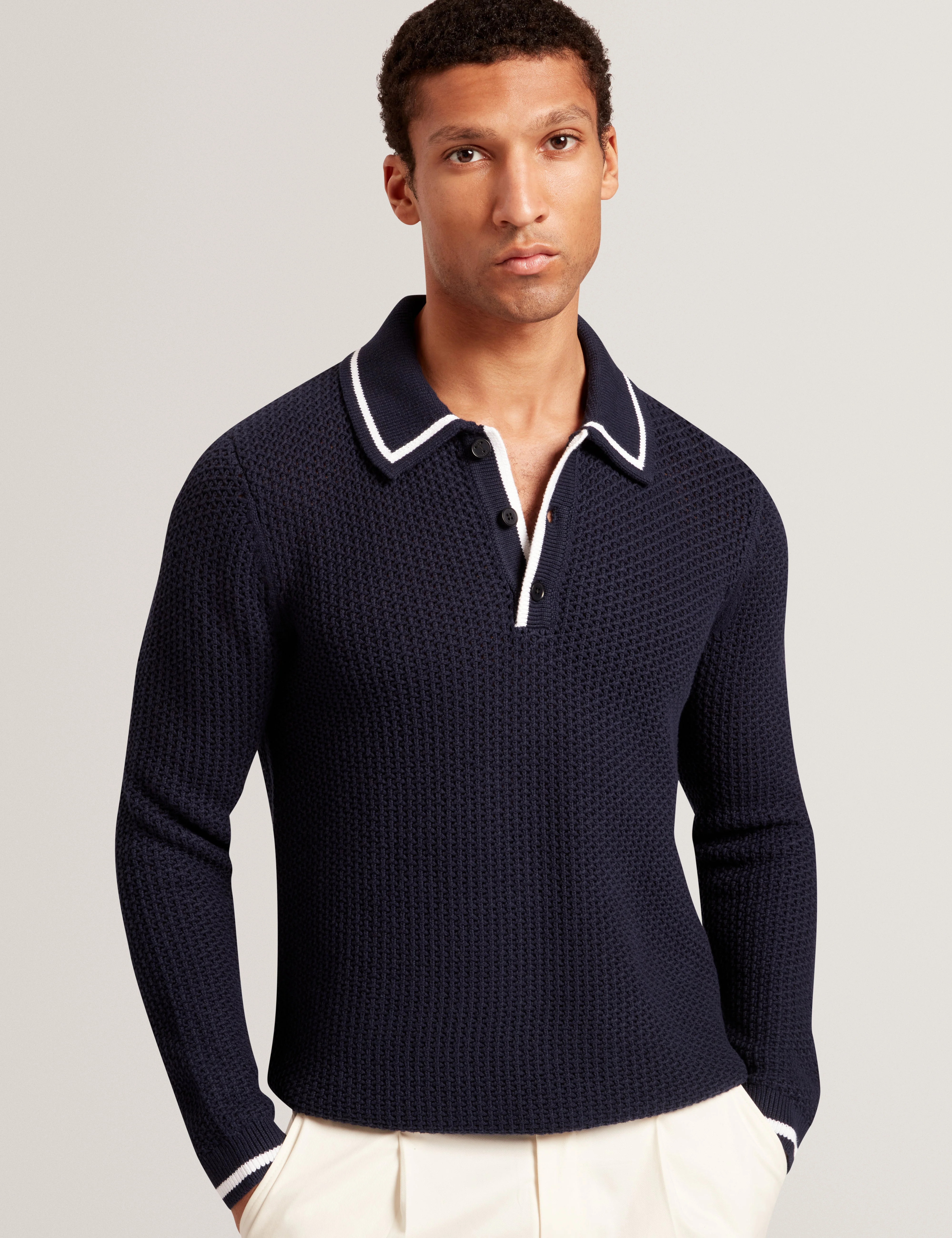 Brucei Long Sleeve Waffle Stitch Knit Polo Navy - Image 8