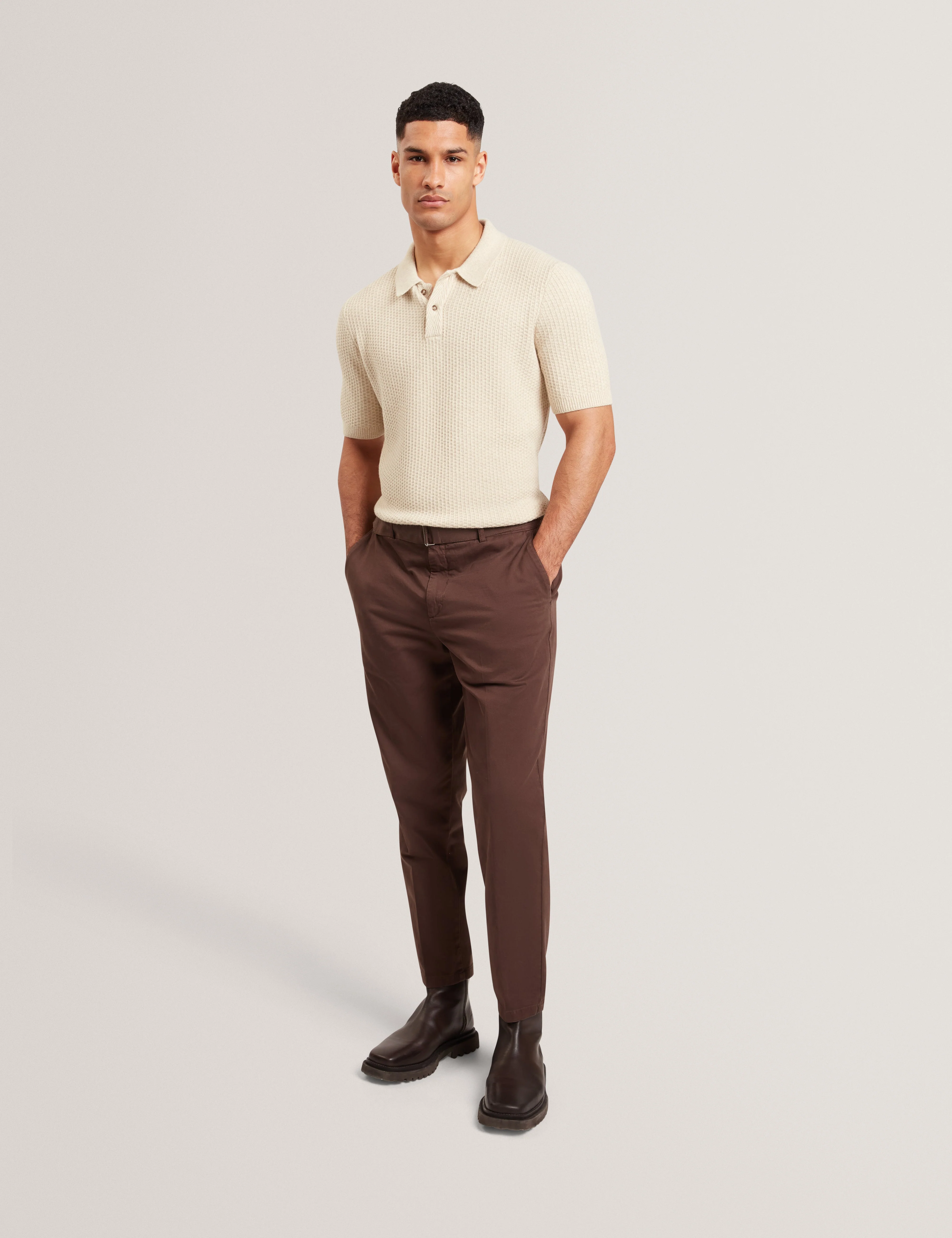 Caelum Short Sleeve Herringbone Placement Stitch Polo Natural - Image 2