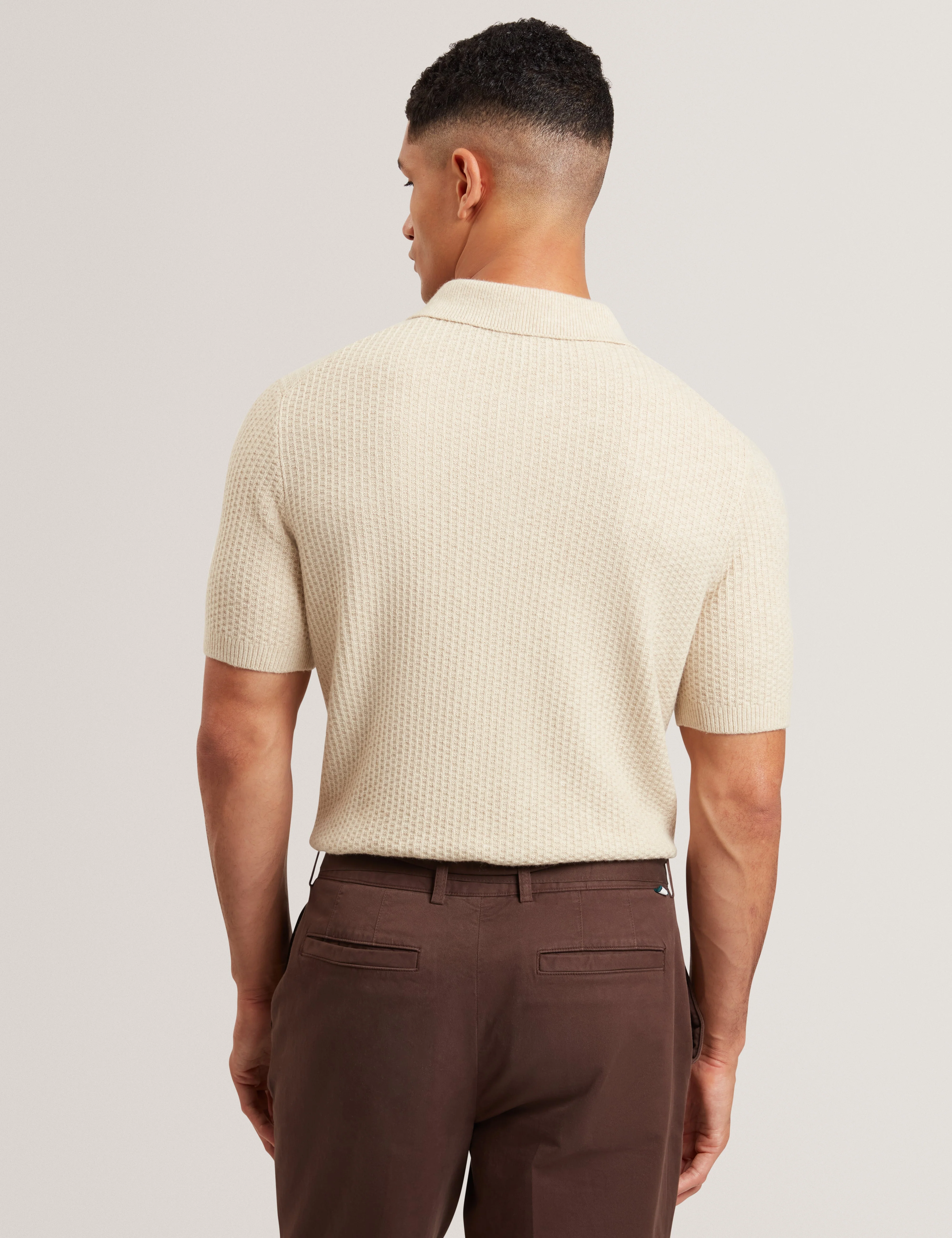 Caelum Short Sleeve Herringbone Placement Stitch Polo Natural - Image 5