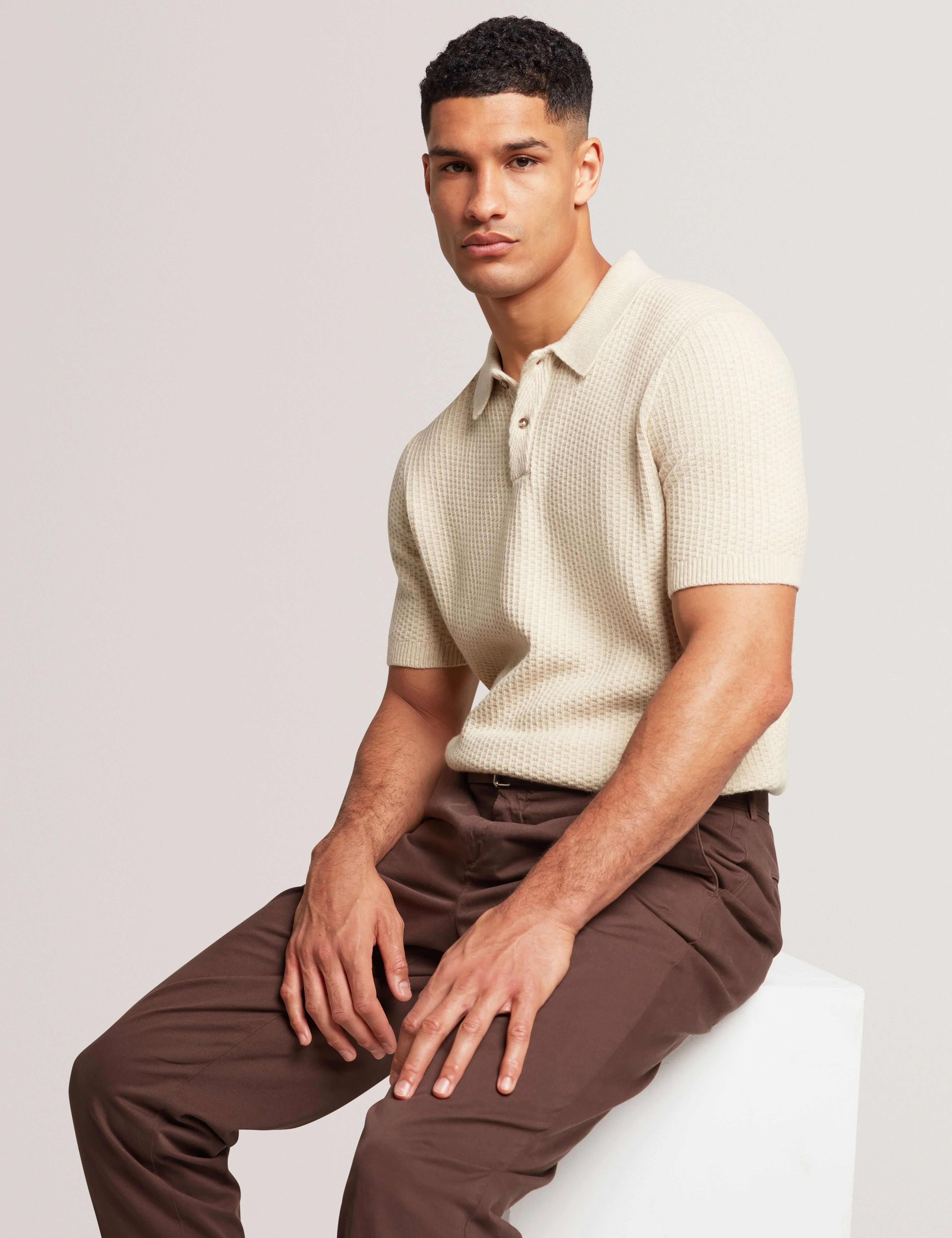 Caelum Short Sleeve Herringbone Placement Stitch Polo Natural - Image 6