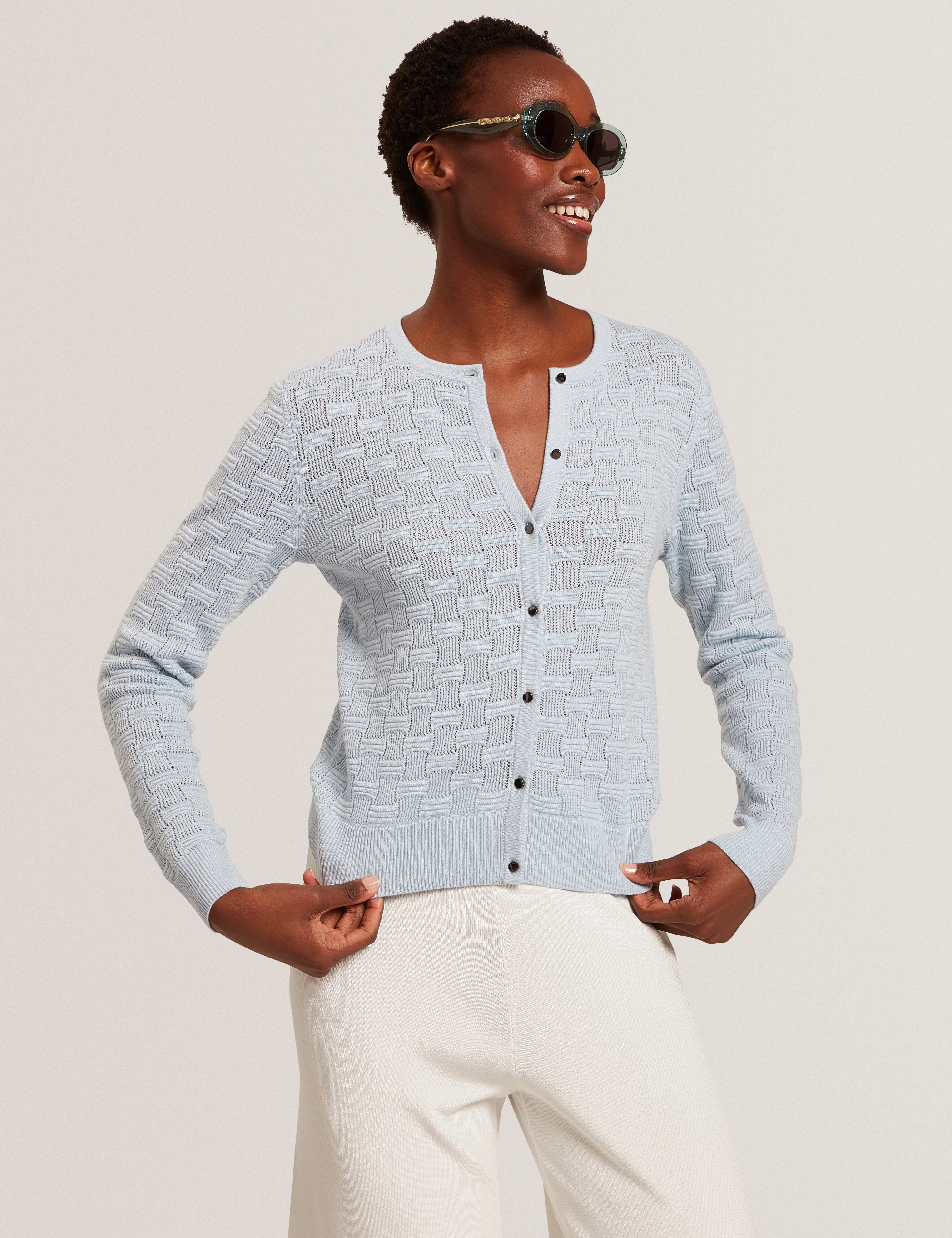 Cahrie Touch Of Silk Knitted Crew Neck Cardigan Pl-Blue - Image 2