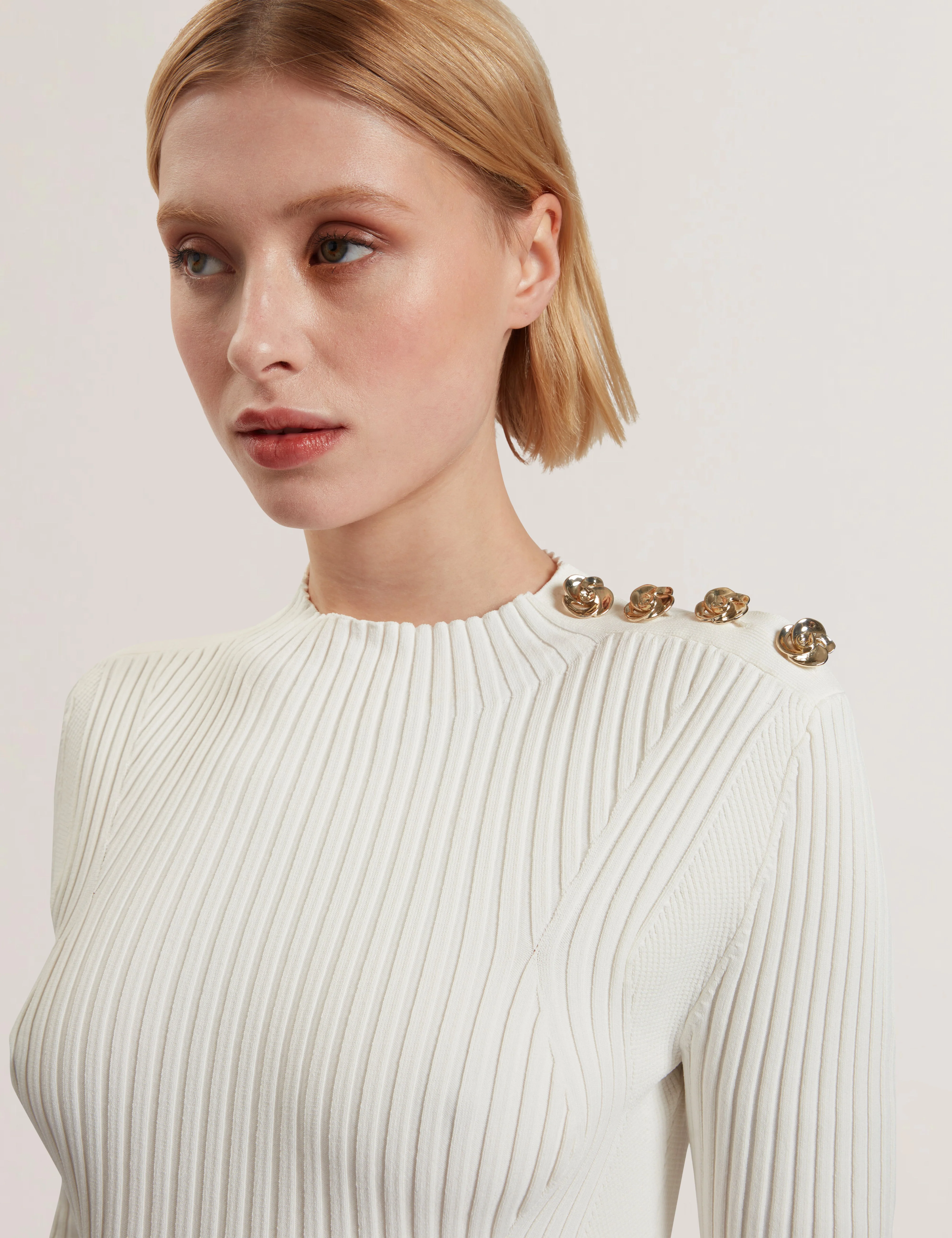 Candiic Ribbed Knit Button Detail Column Dress Ivory - Image 3