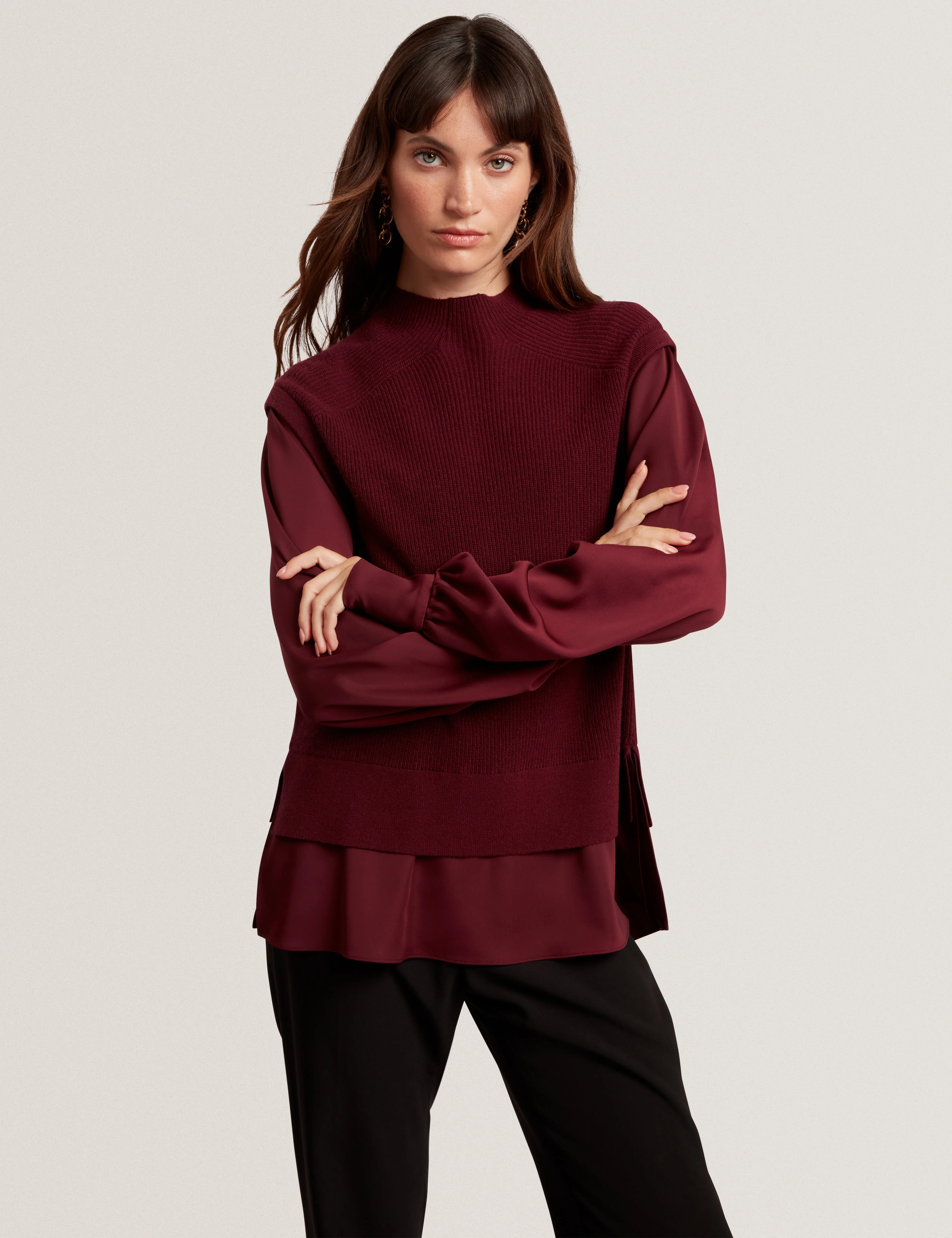 Caycey Woven Sleeve Knitted Jumper Maroon