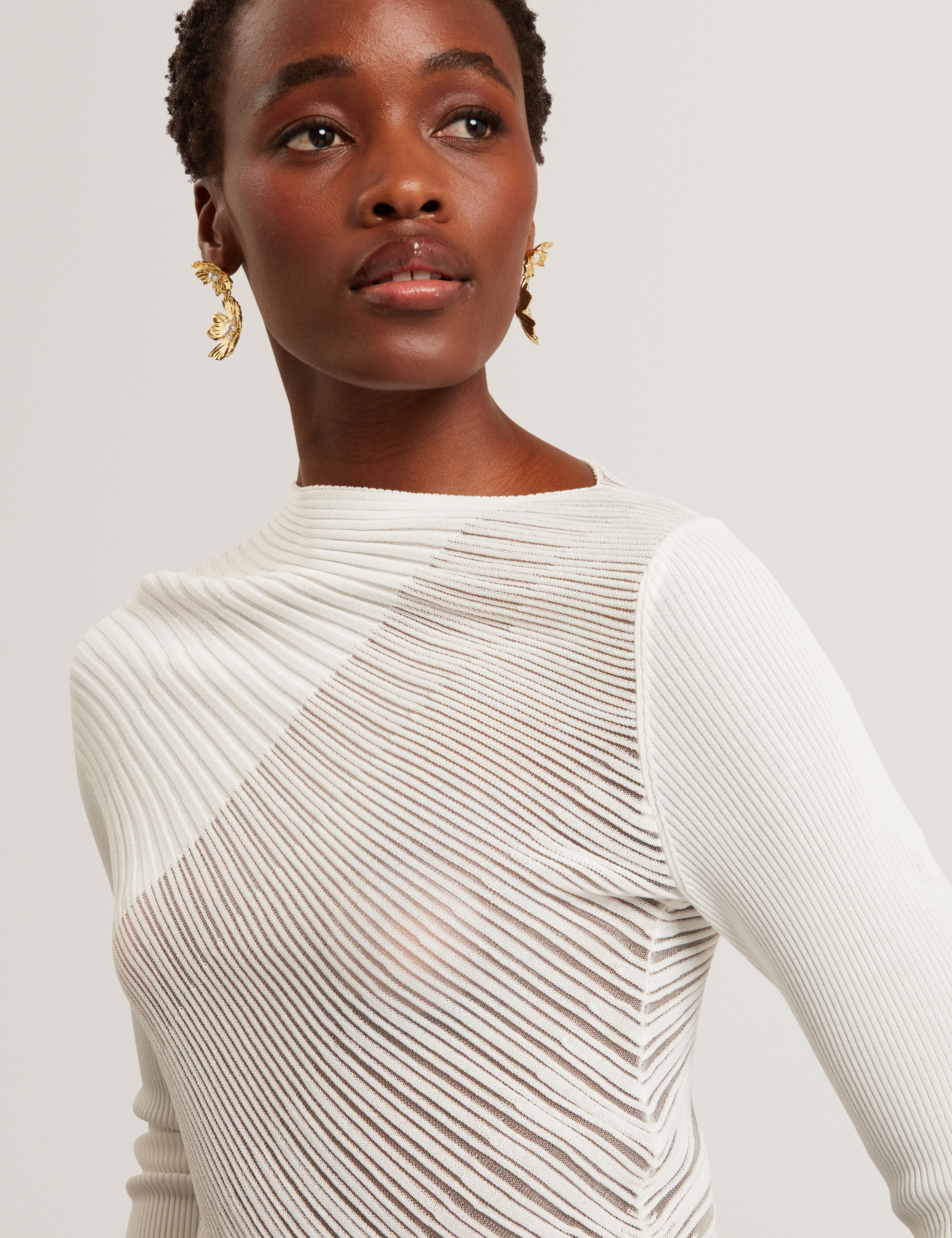 Ceyloa Long Sleeve Sheer Detail Knit Top White - Image 4