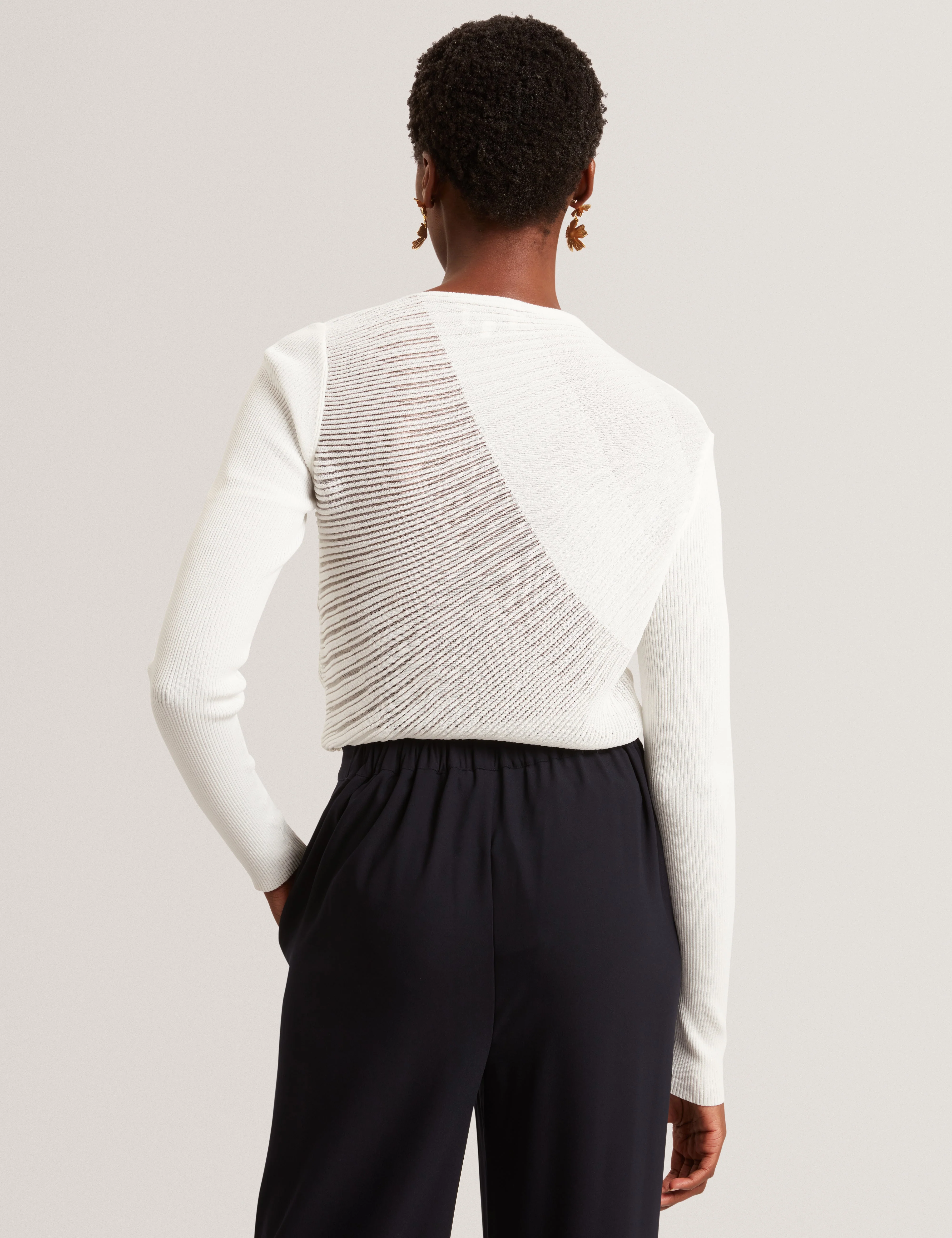 Ceyloa Long Sleeve Sheer Detail Knit Top White - Image 5