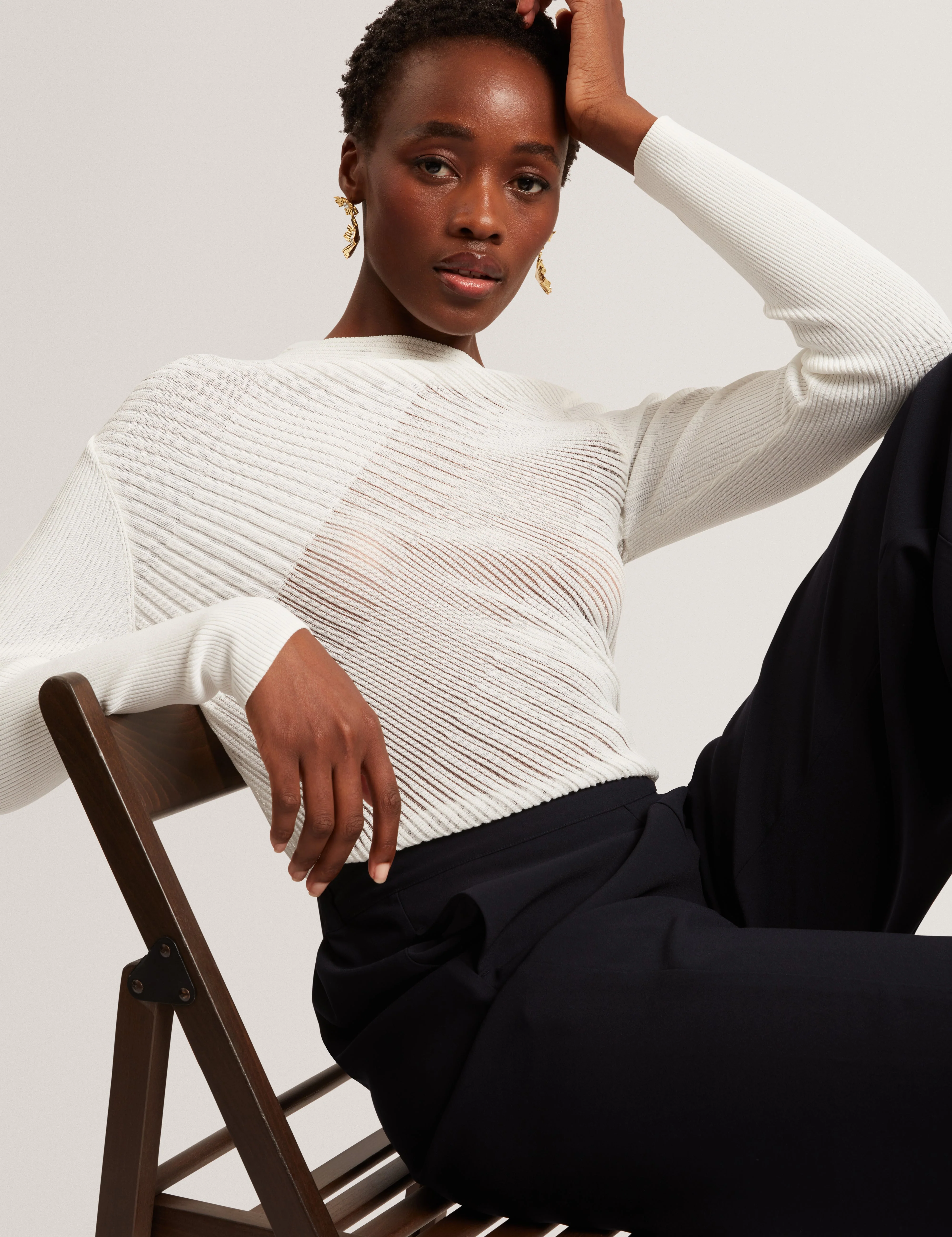 Ceyloa Long Sleeve Sheer Detail Knit Top White - Image 7