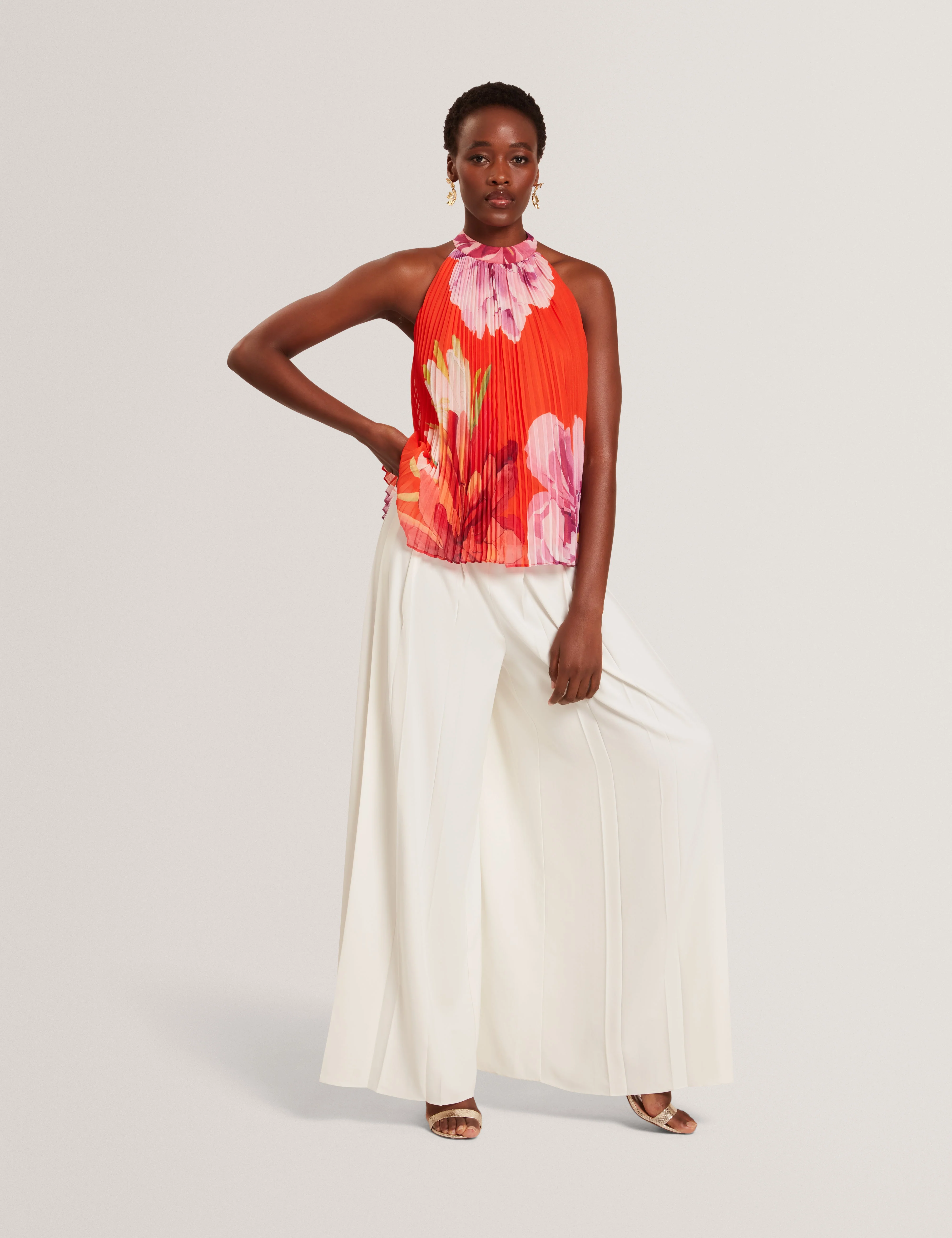 Clovina Printed Halter Neck Sleeveless Pleated Top Orange - Image 8