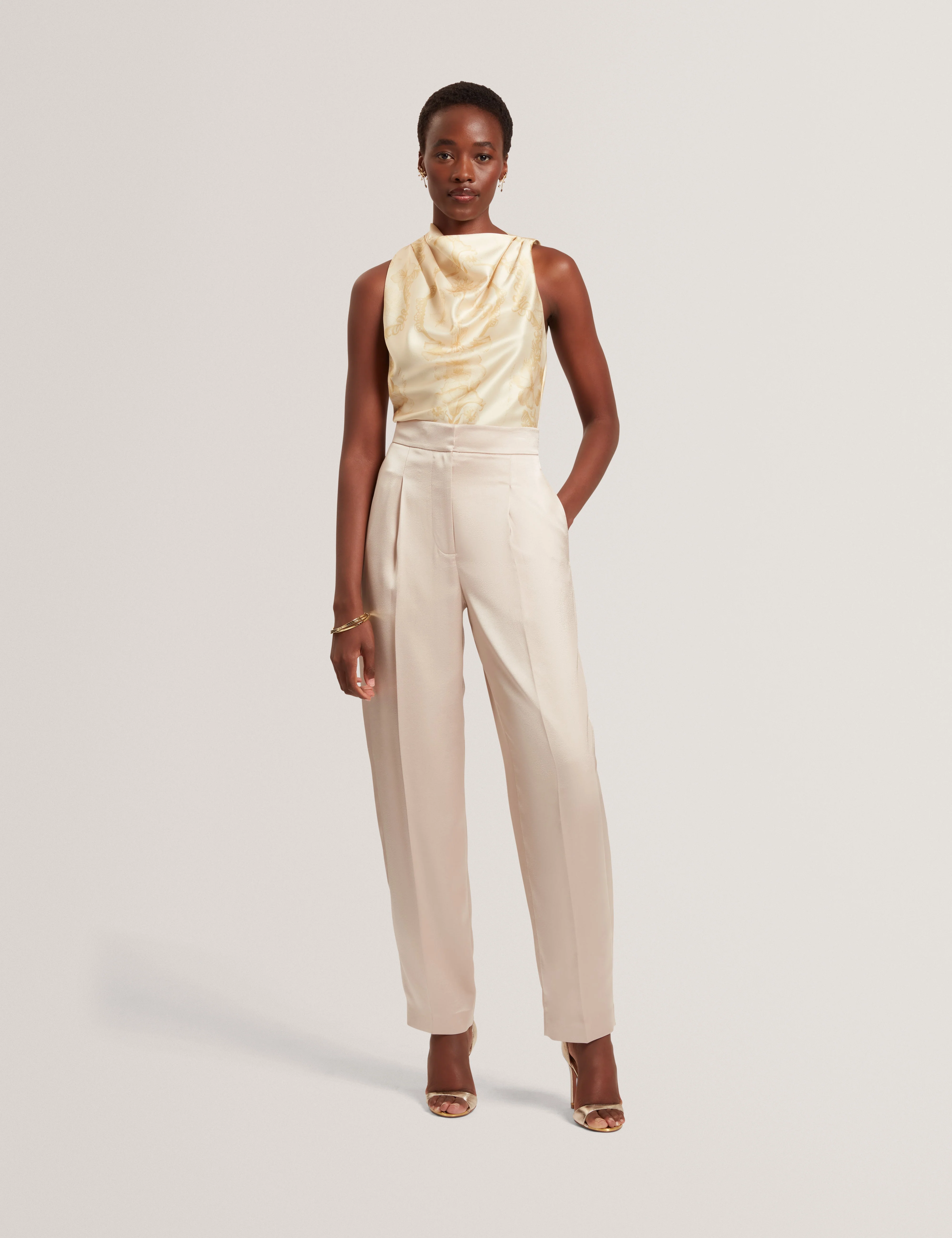 Cobla Print Sleeveless Drape Neck Top Lt-Yellow - Image 2