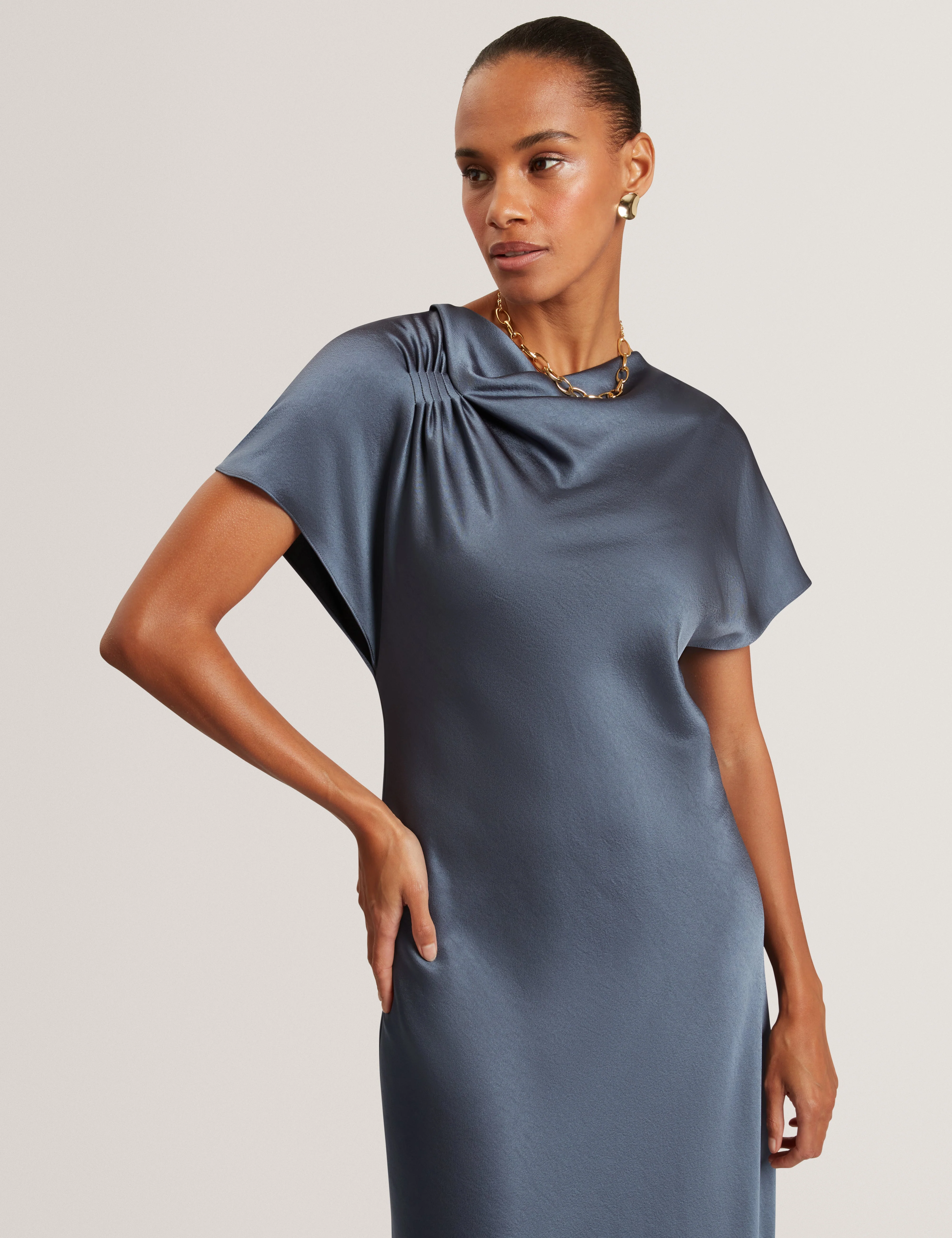 Dascha Draped Neck Bias Midi Dress Grey - Image 2