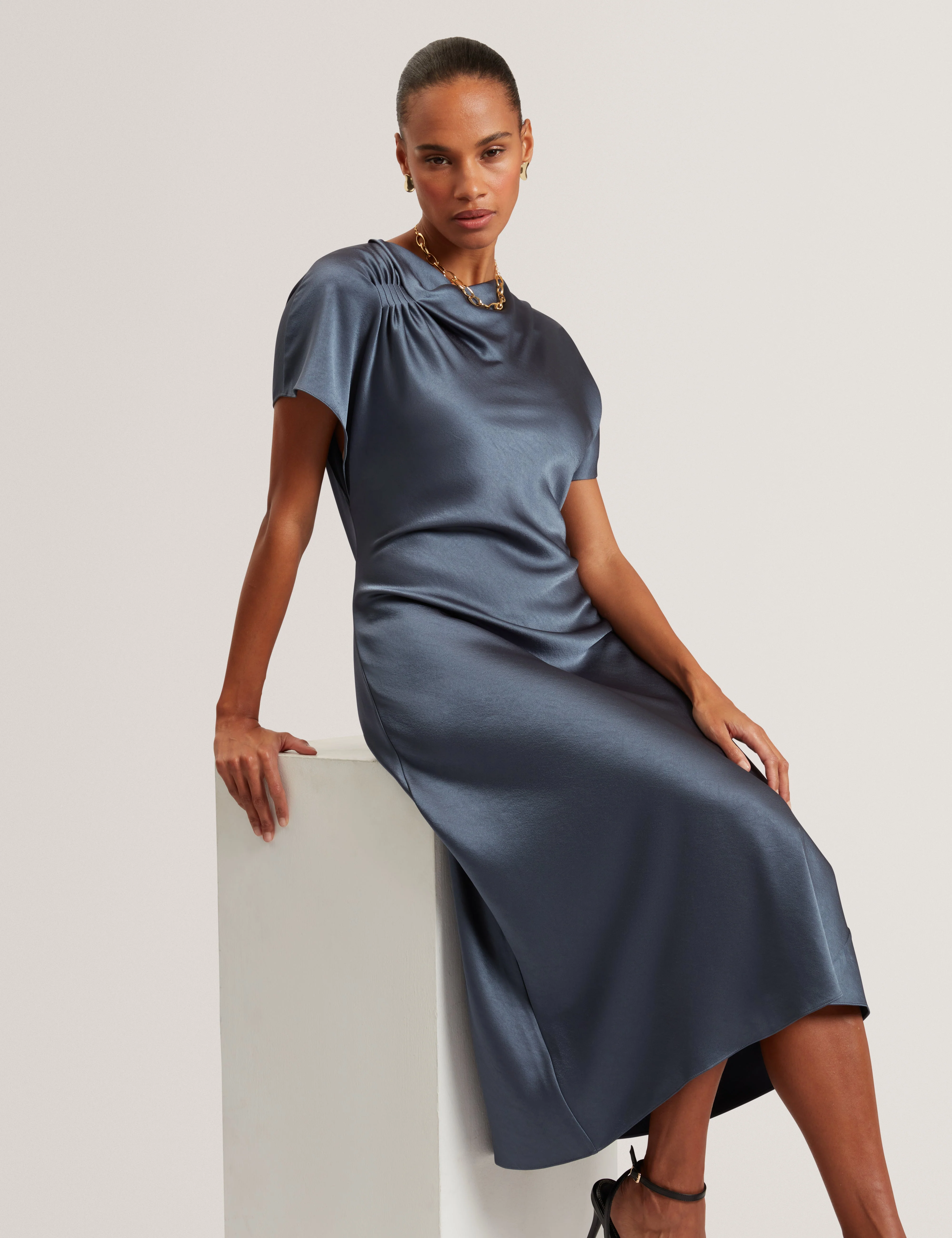Dascha Draped Neck Bias Midi Dress Grey - Image 6