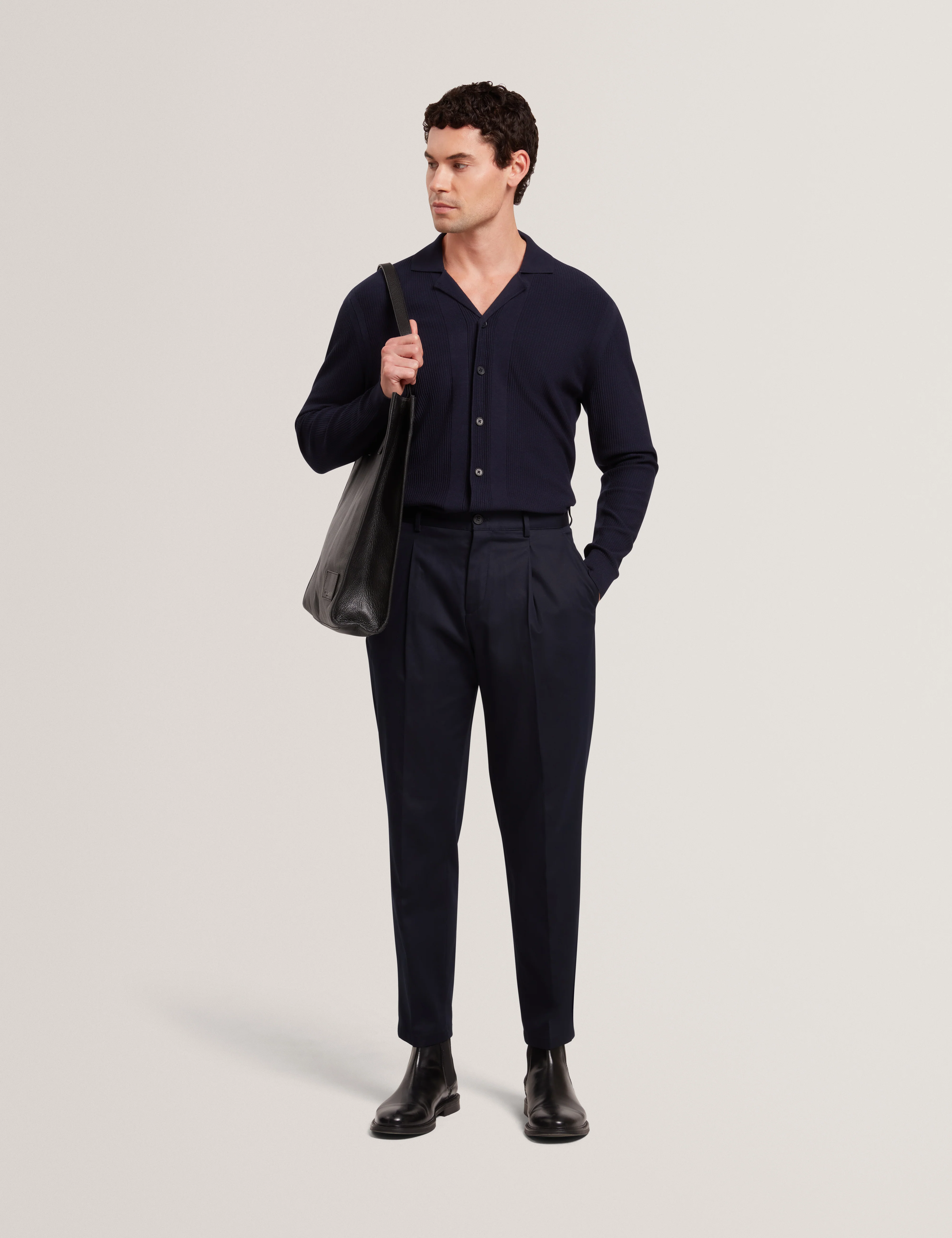 Diarmad Long Sleeve Rib Button Thru Knit Polo Navy