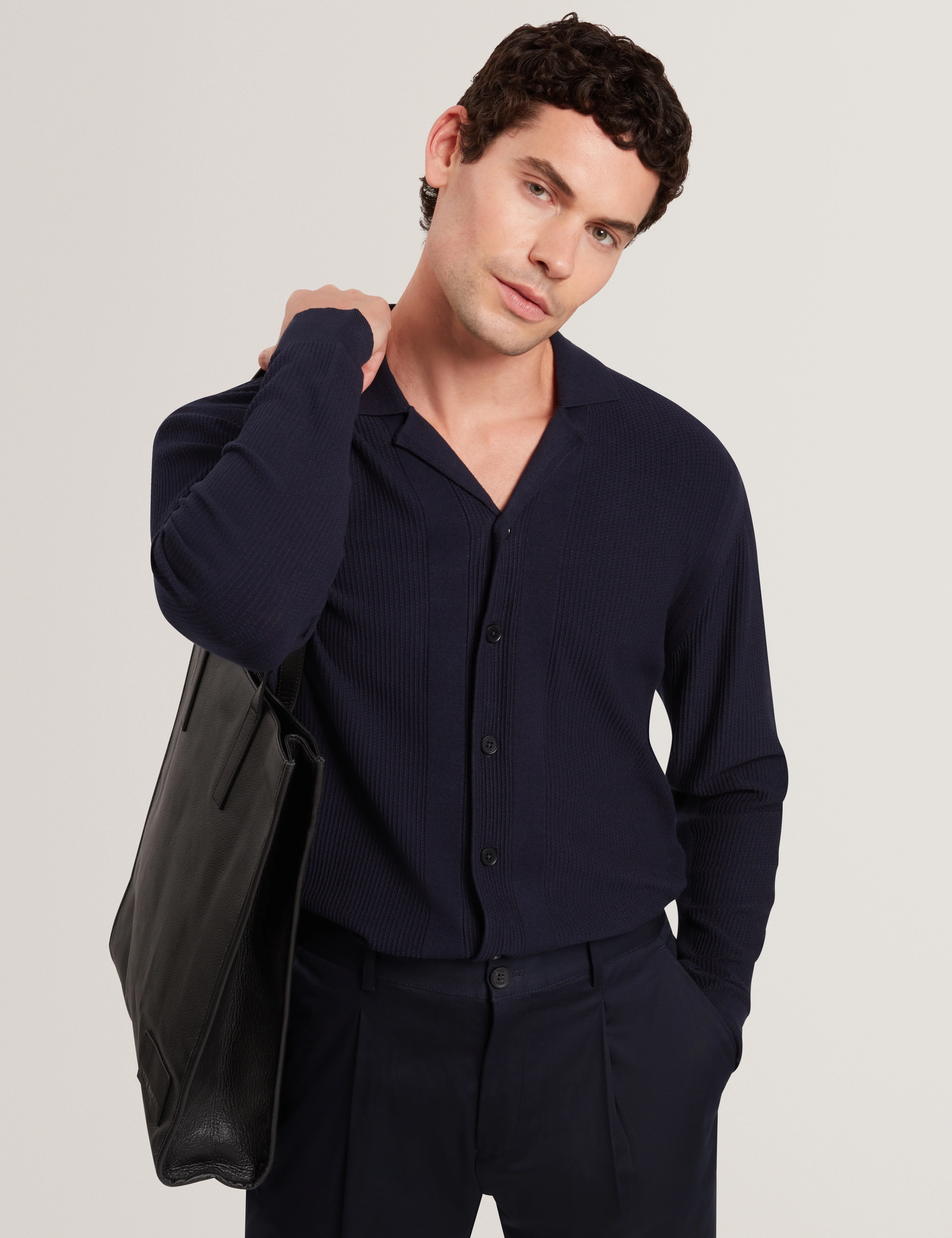 Diarmad Long Sleeve Rib Button Thru Knit Polo Navy - Image 3