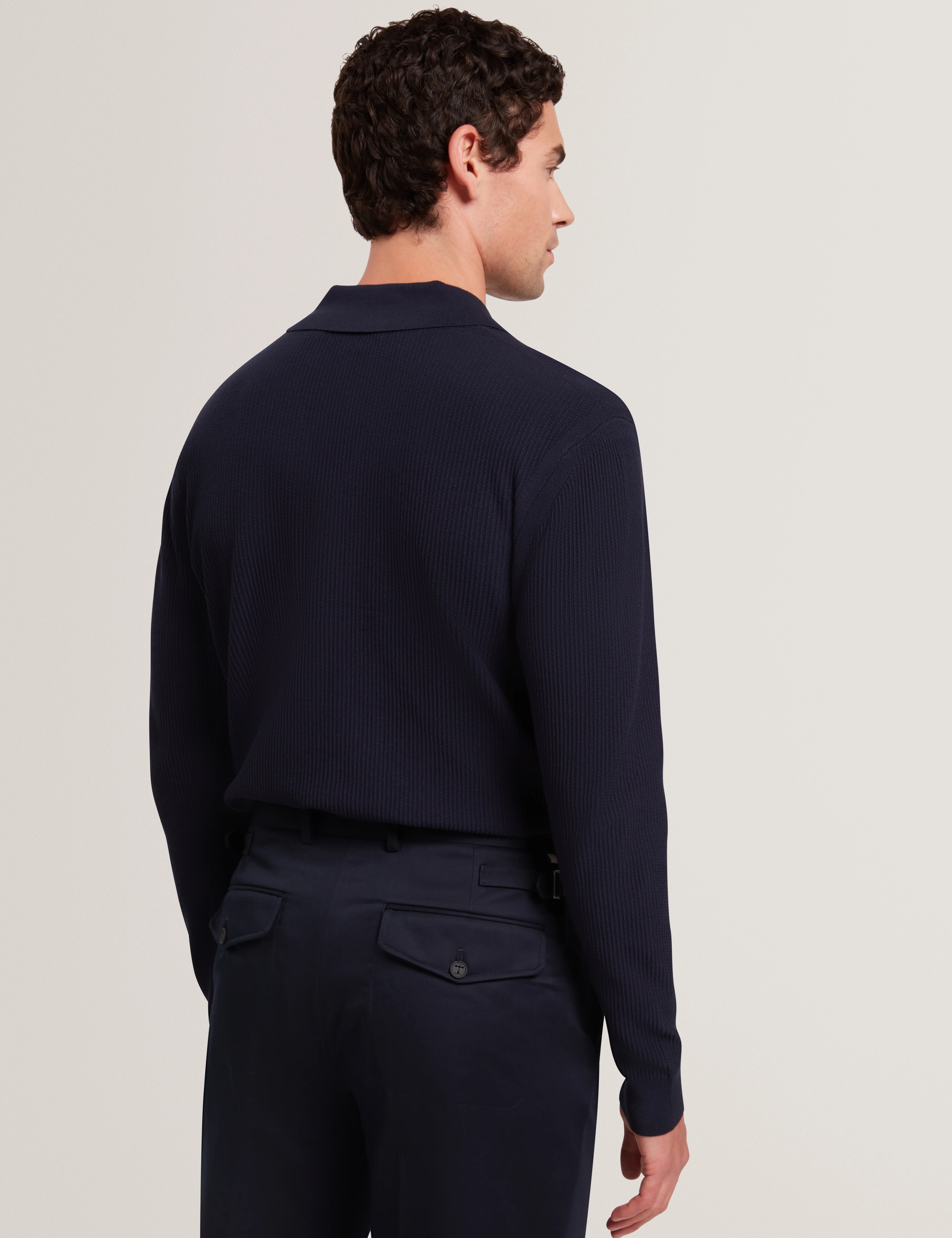 Diarmad Long Sleeve Rib Button Thru Knit Polo Navy - Image 4