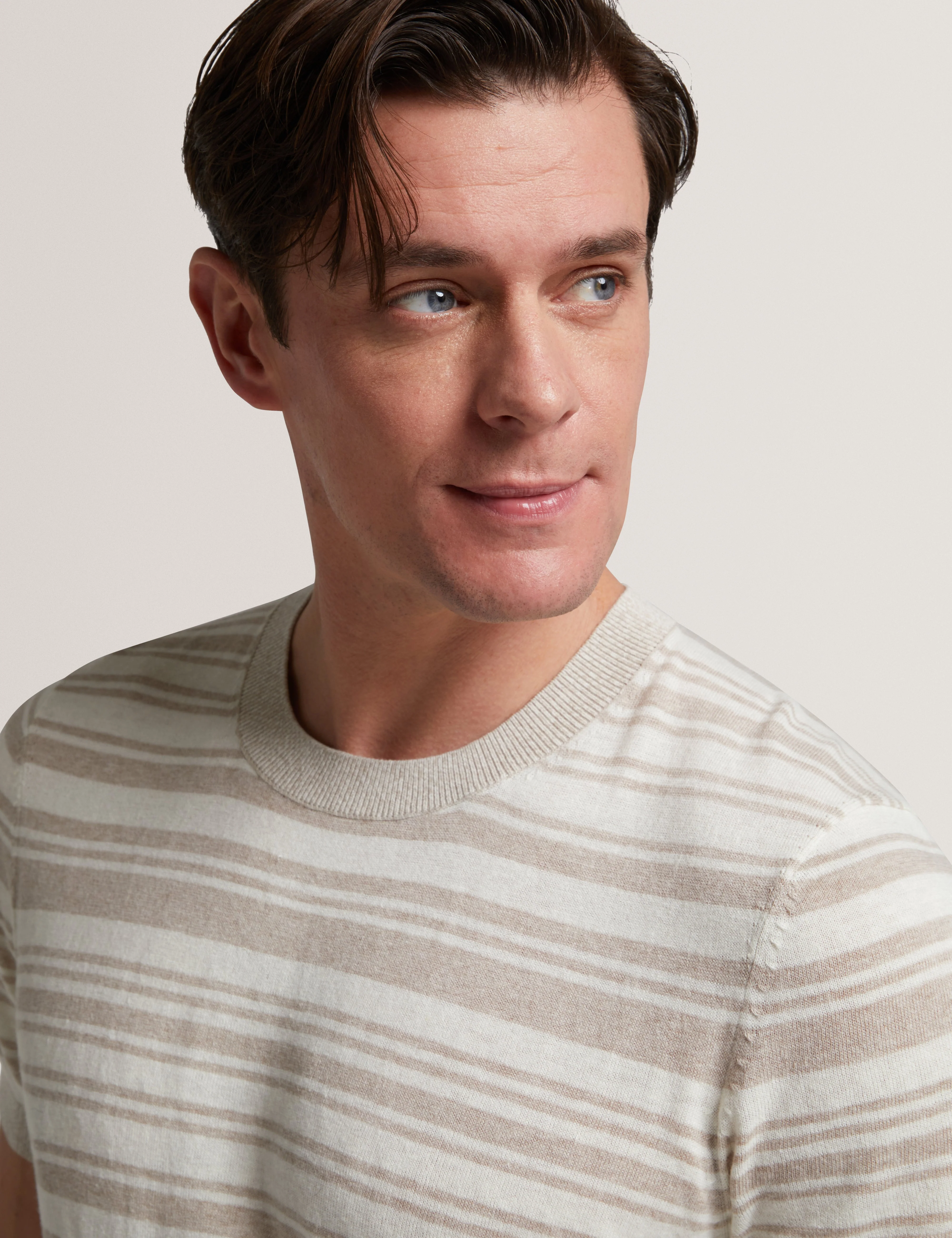 Ebrg Linen Blend Stripe Knitted T-Shirt Ecru - Image 4