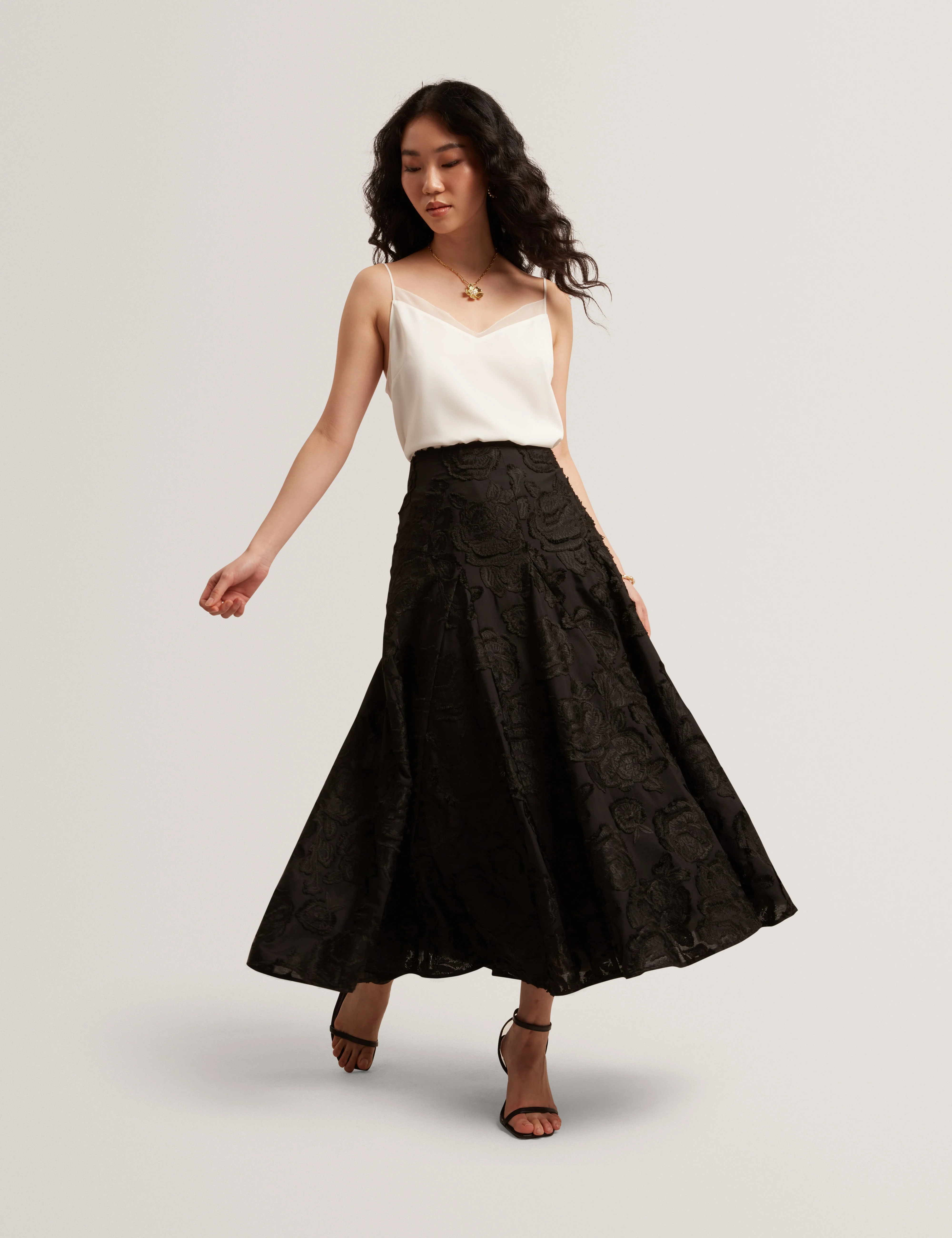Eccrina Textured Rose Detail Midi Skirt Black - Image 7